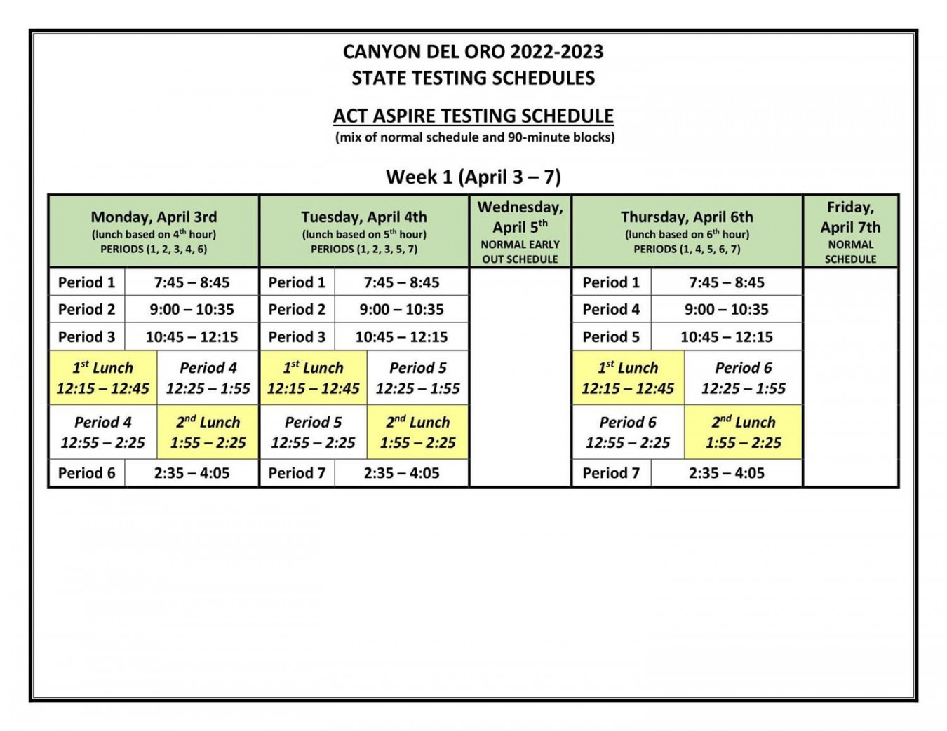 Testing Schedule / Testing Calendar