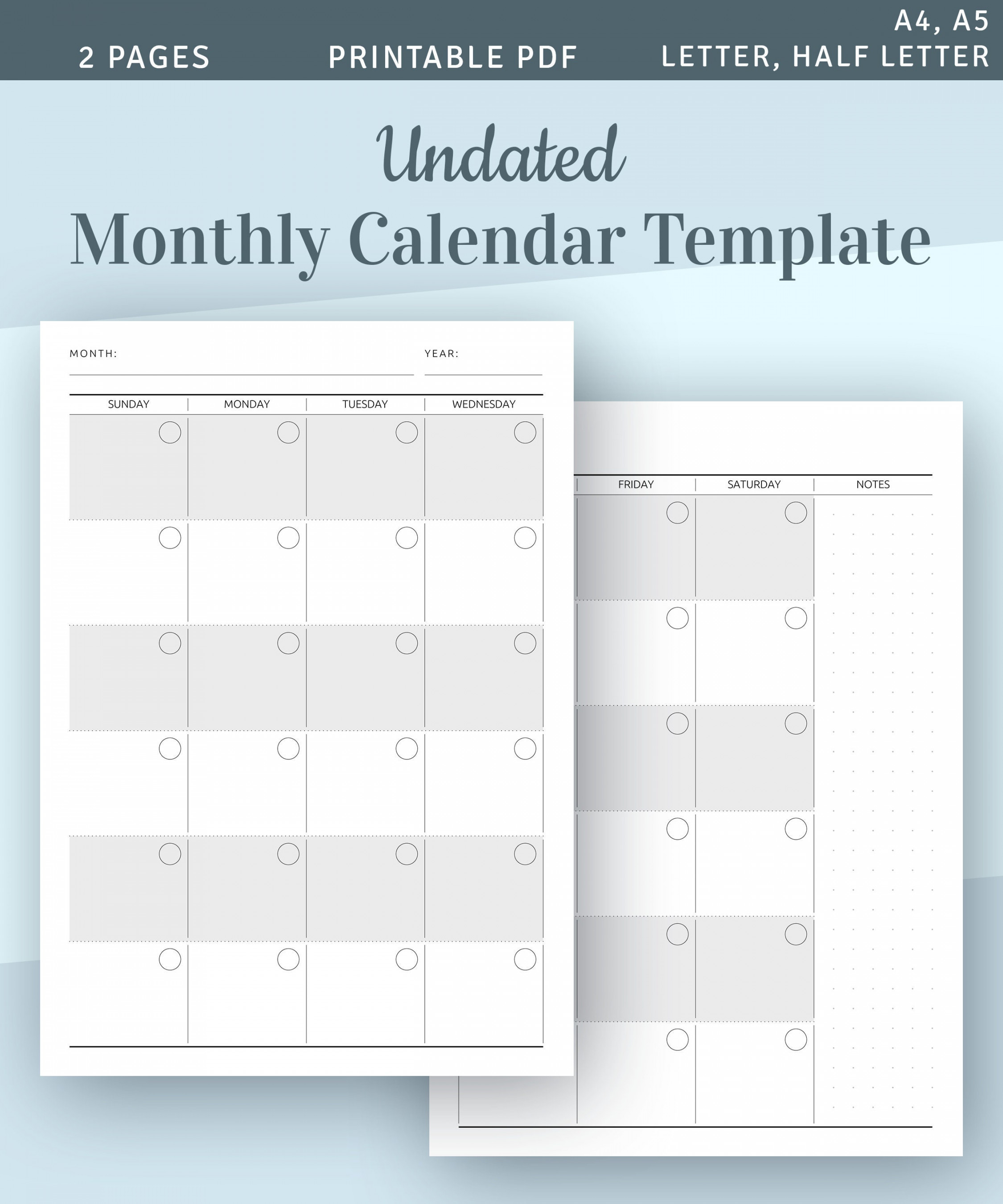 Undated Monthly Calendar Printable Template Monthly Planner - Etsy