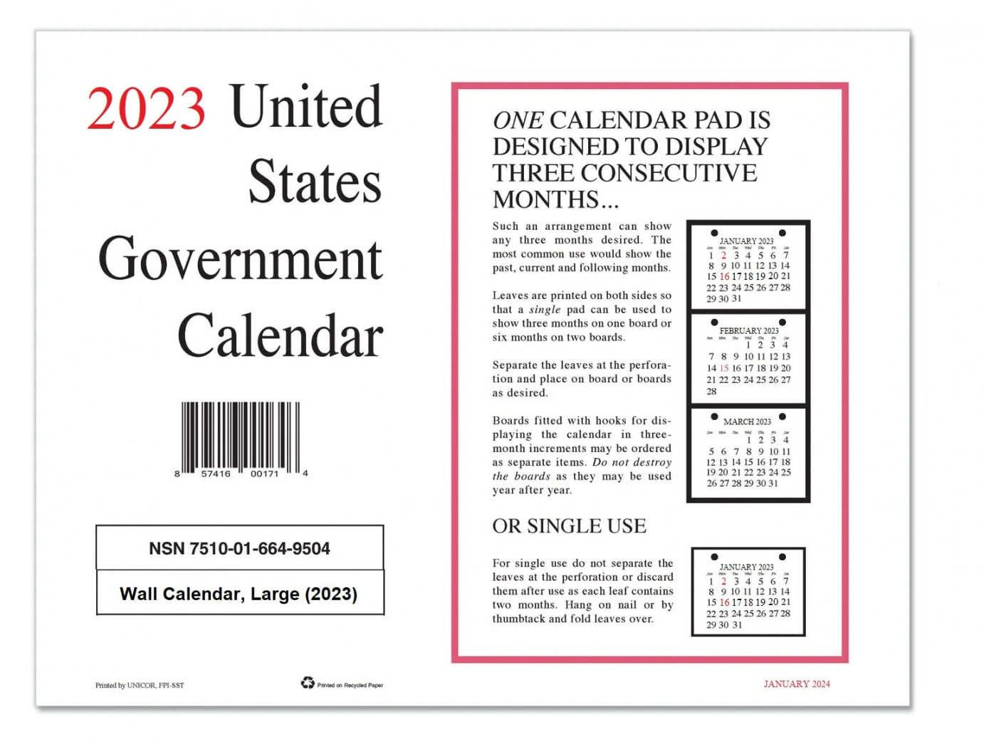 Unicor  US Government Wall Calendar, Qty=, Single Calendar