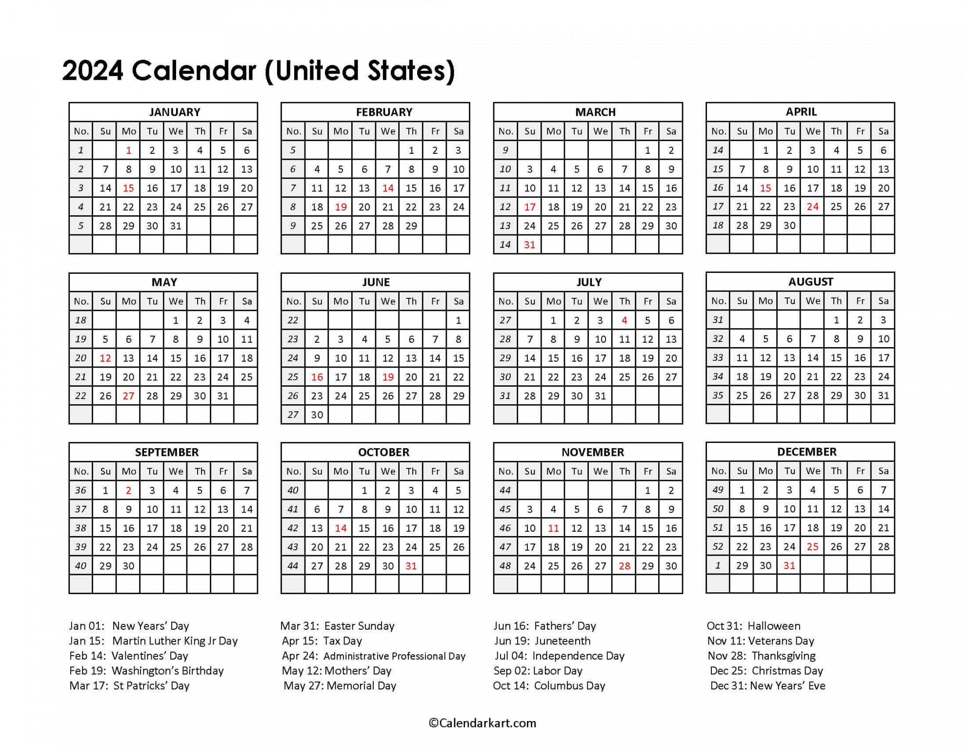 United States Calendars with Holidays - CalendarKart