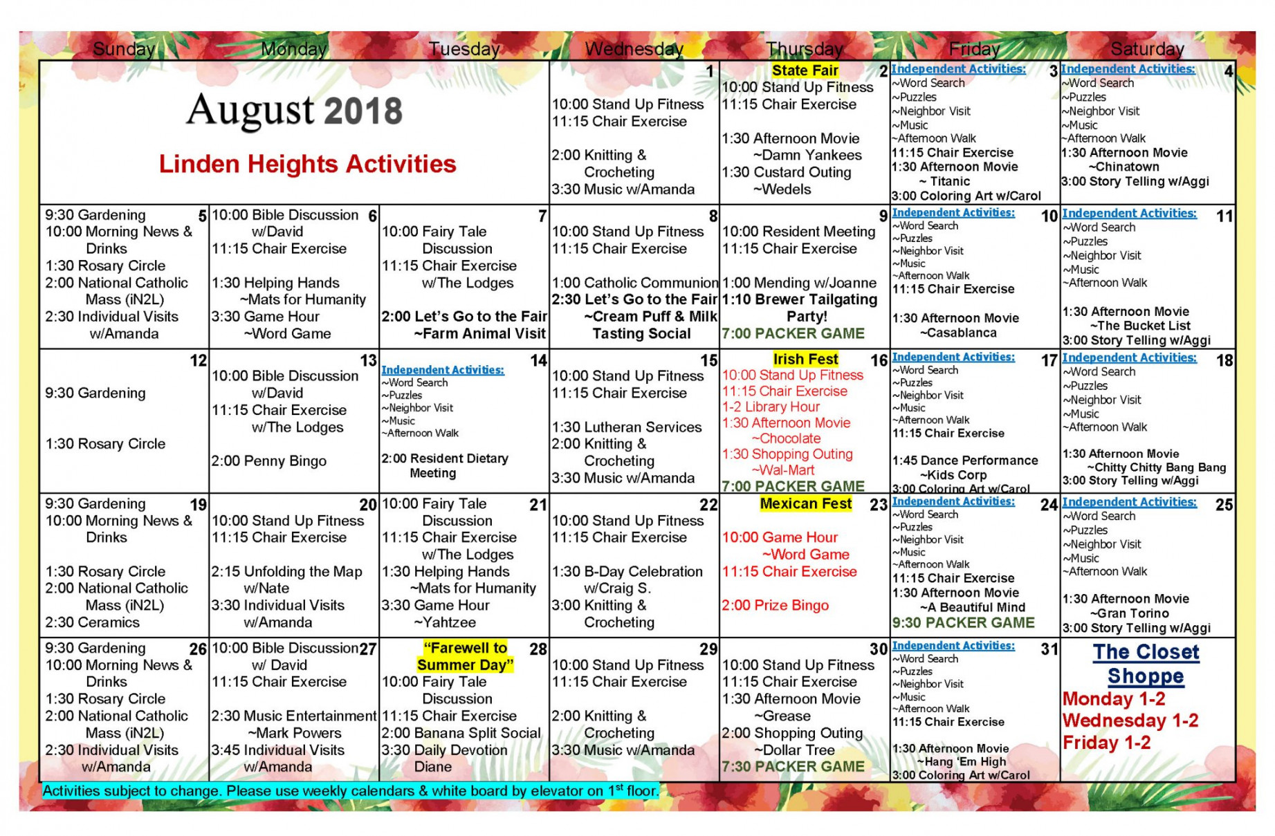 Waukesha Assisted Living Activities Calendar August