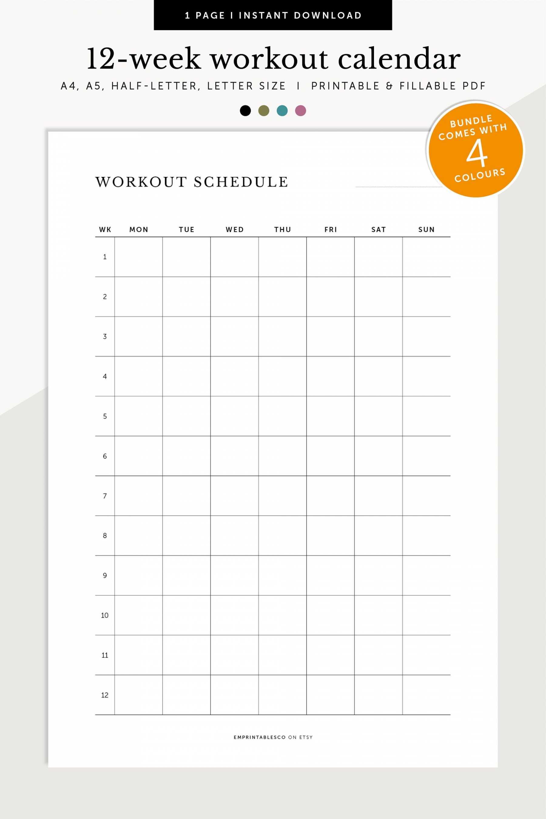 -week Workout Planner Fitness Schedule -month Fitness - Etsy