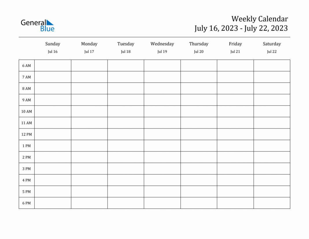 Weekly Calendar - July ,  to July ,  - (PDF, Word, Excel)
