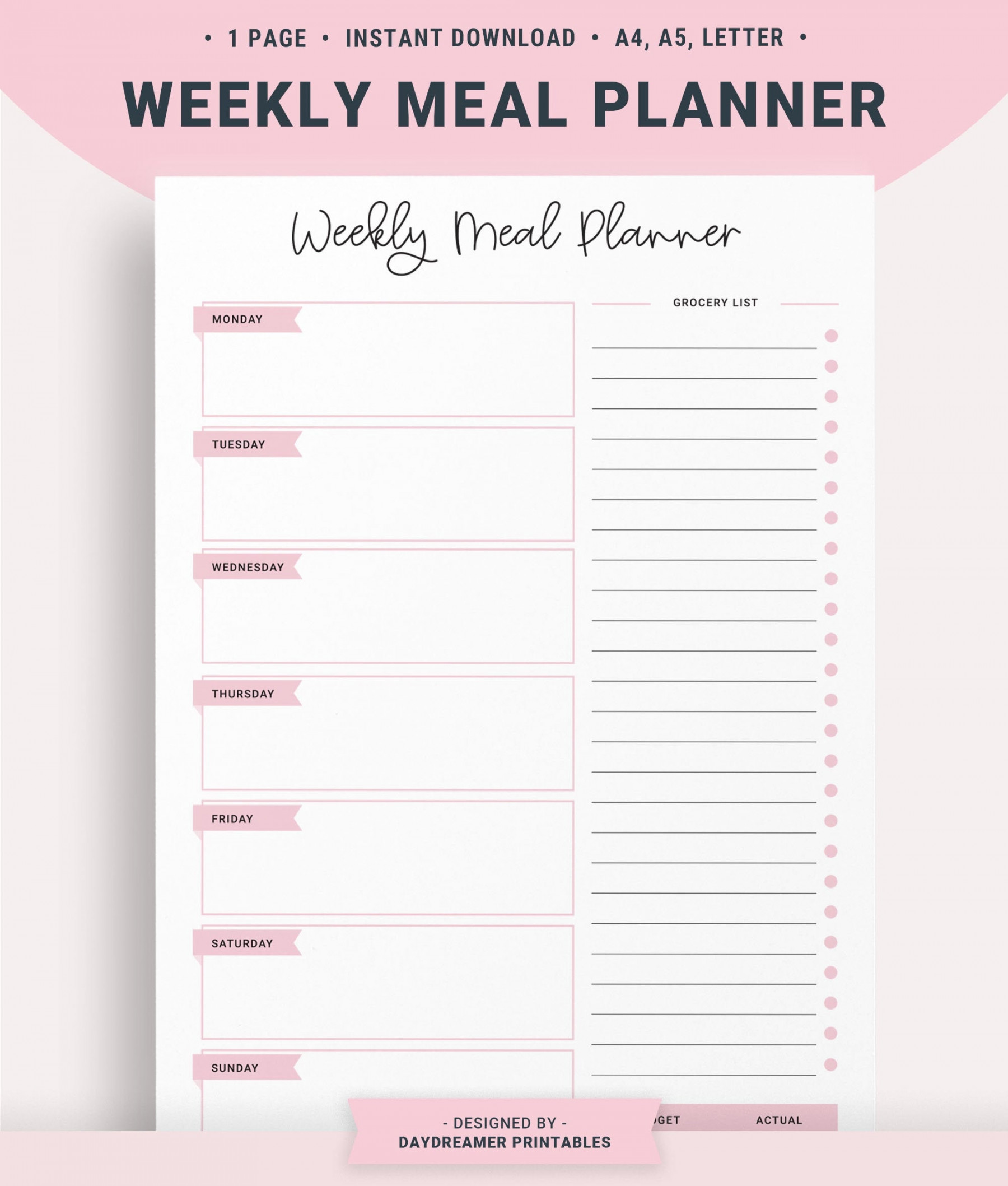 Weekly Meal Plan Printable Meal Planner Template Grocery - Etsy