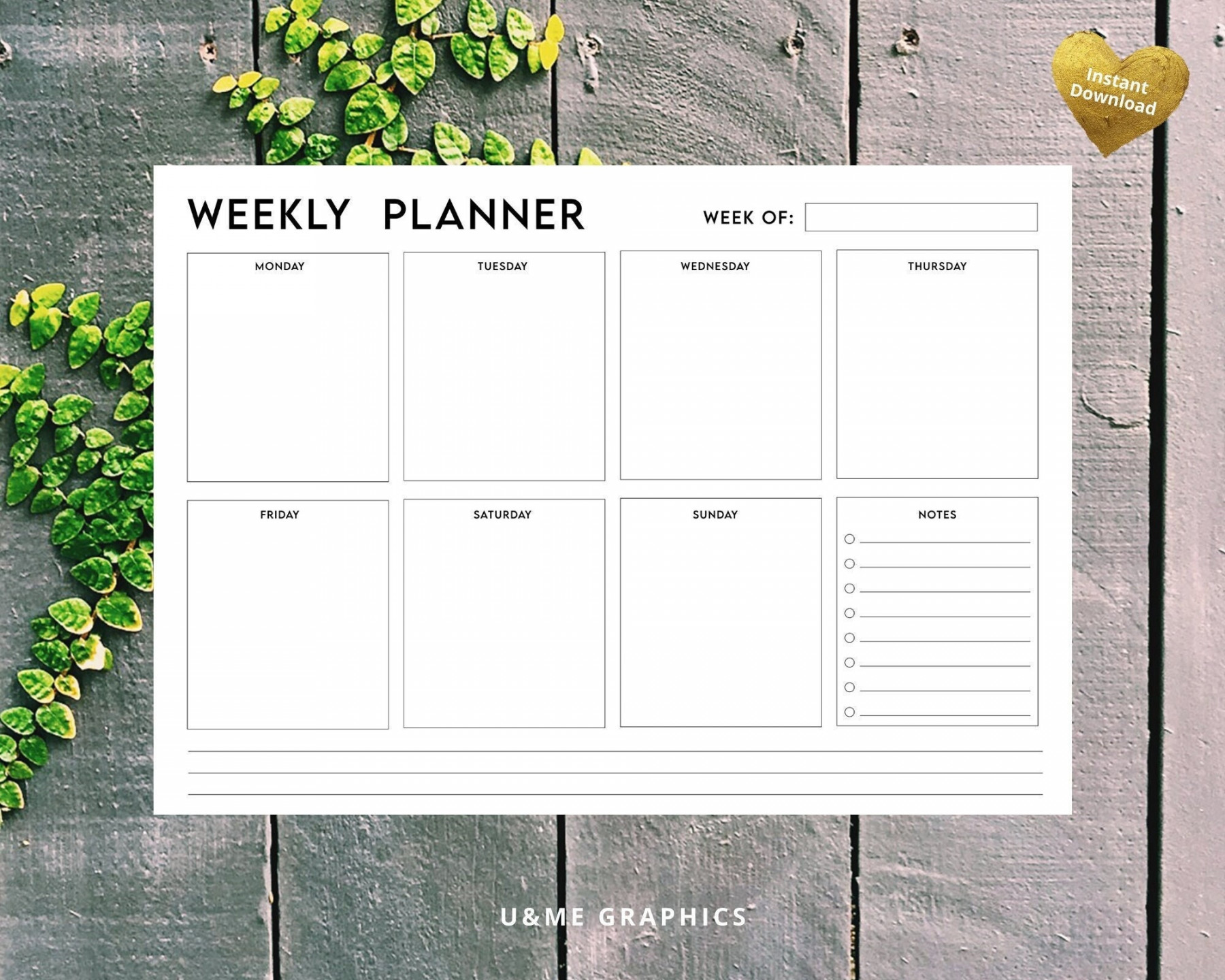 Weekly Planner Printable,  Day Weekly Planner, Printable Organizer, Modern  Weekly Planner  INSTANT DOWNLOAD PDF
