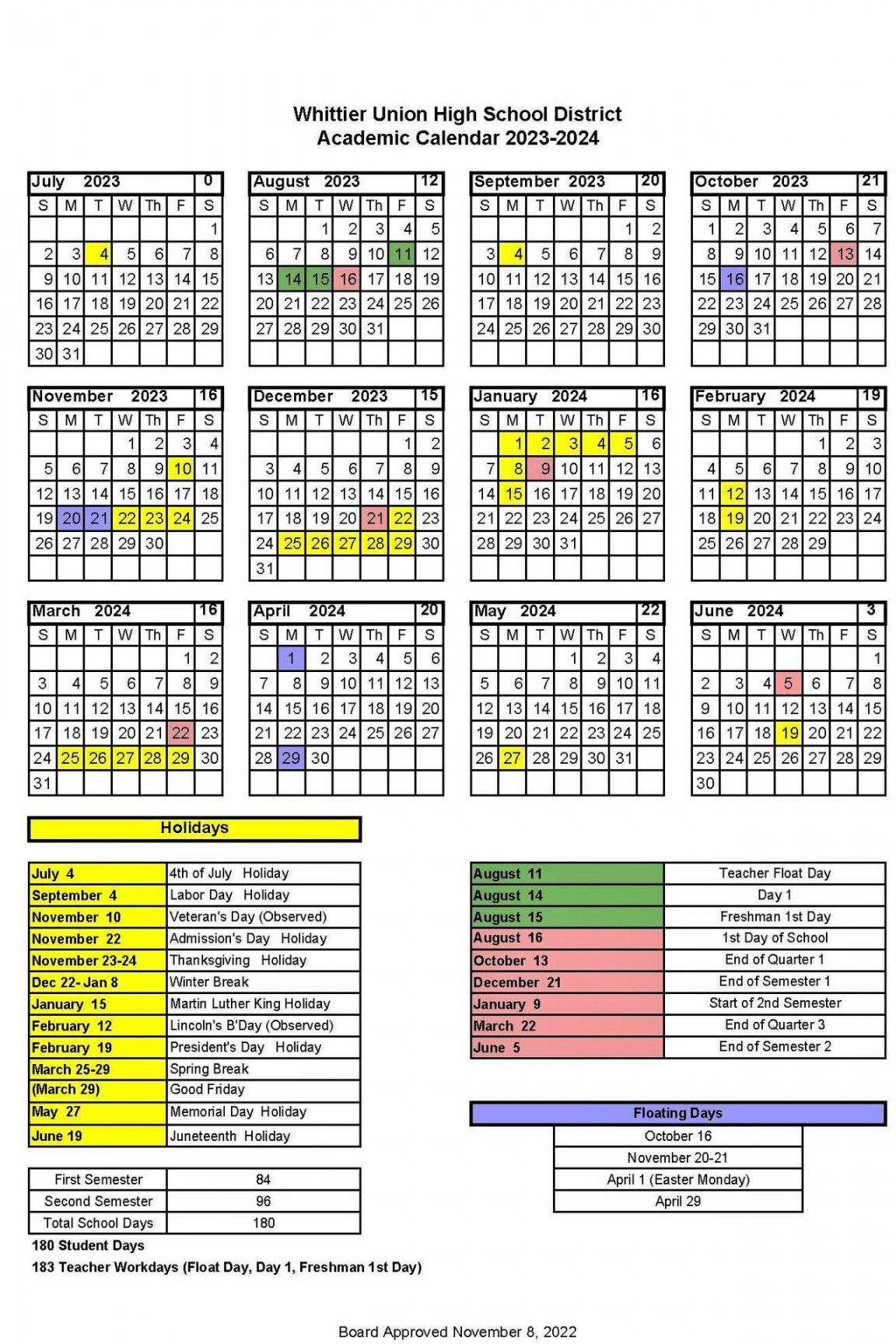 WUHSD Academic Calendars – District Information – Whittier Union