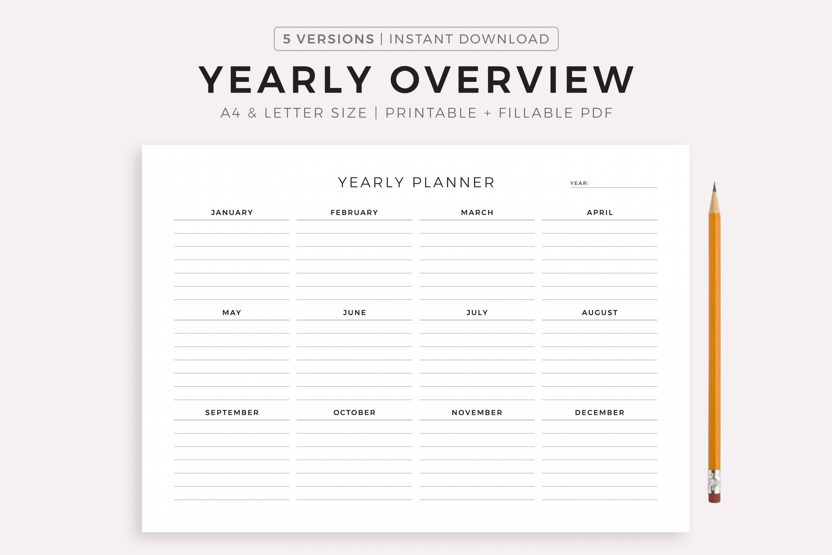 Yearly Overview, Year At a Glance, Annual Planner, Printable