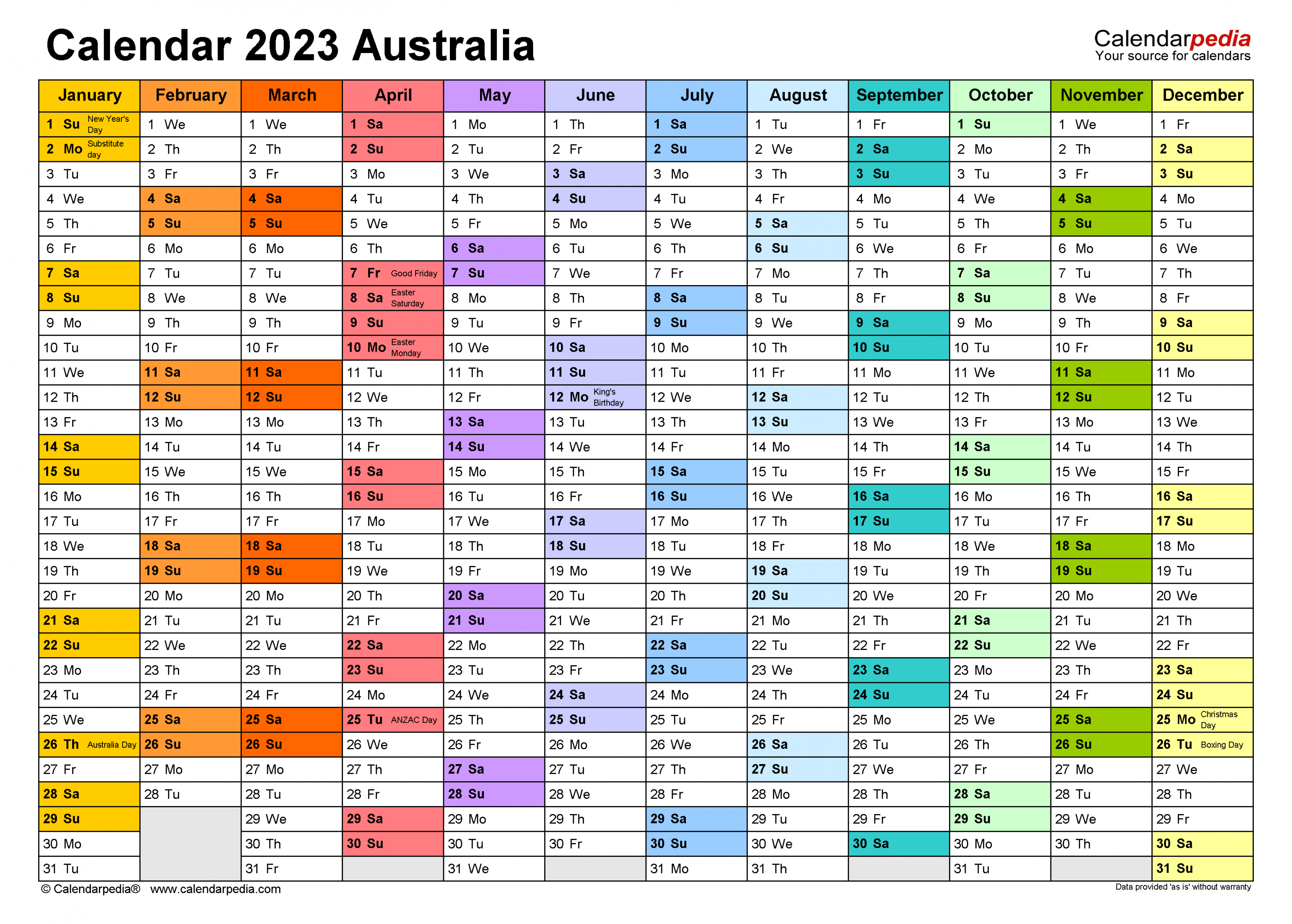 Australia Calendar  - Free Printable Excel templates