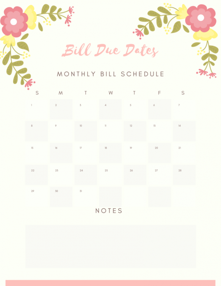 Bill Due Date Printable Calendar Page - deemiddleton