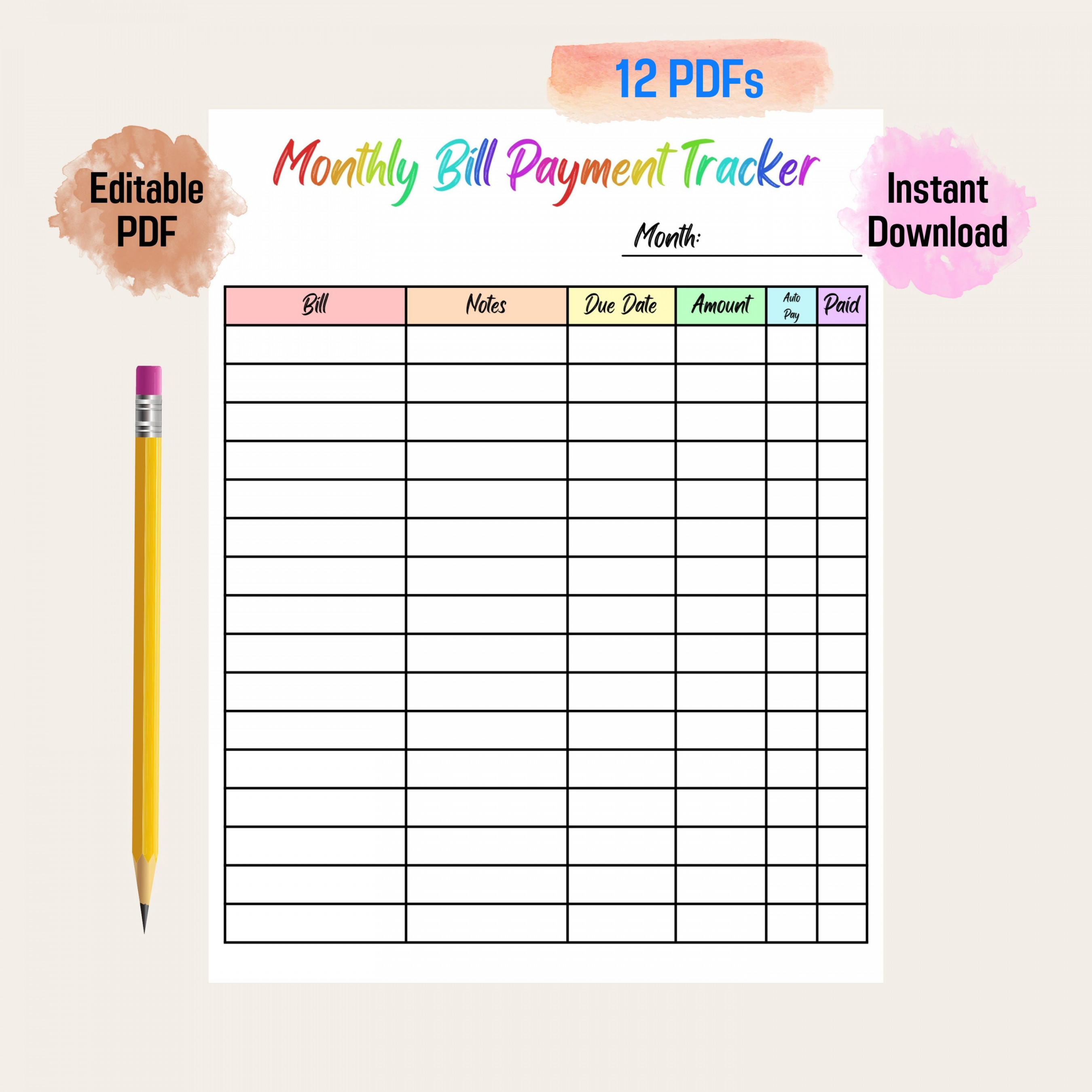 Bill Payment Tracker Rainbow Color Printable Editable Monthly - Etsy