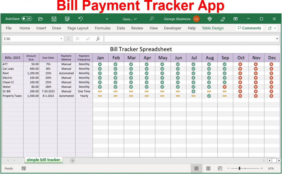 Bill Tracker Excel Spreadsheet Template  Monthly Payment Planner