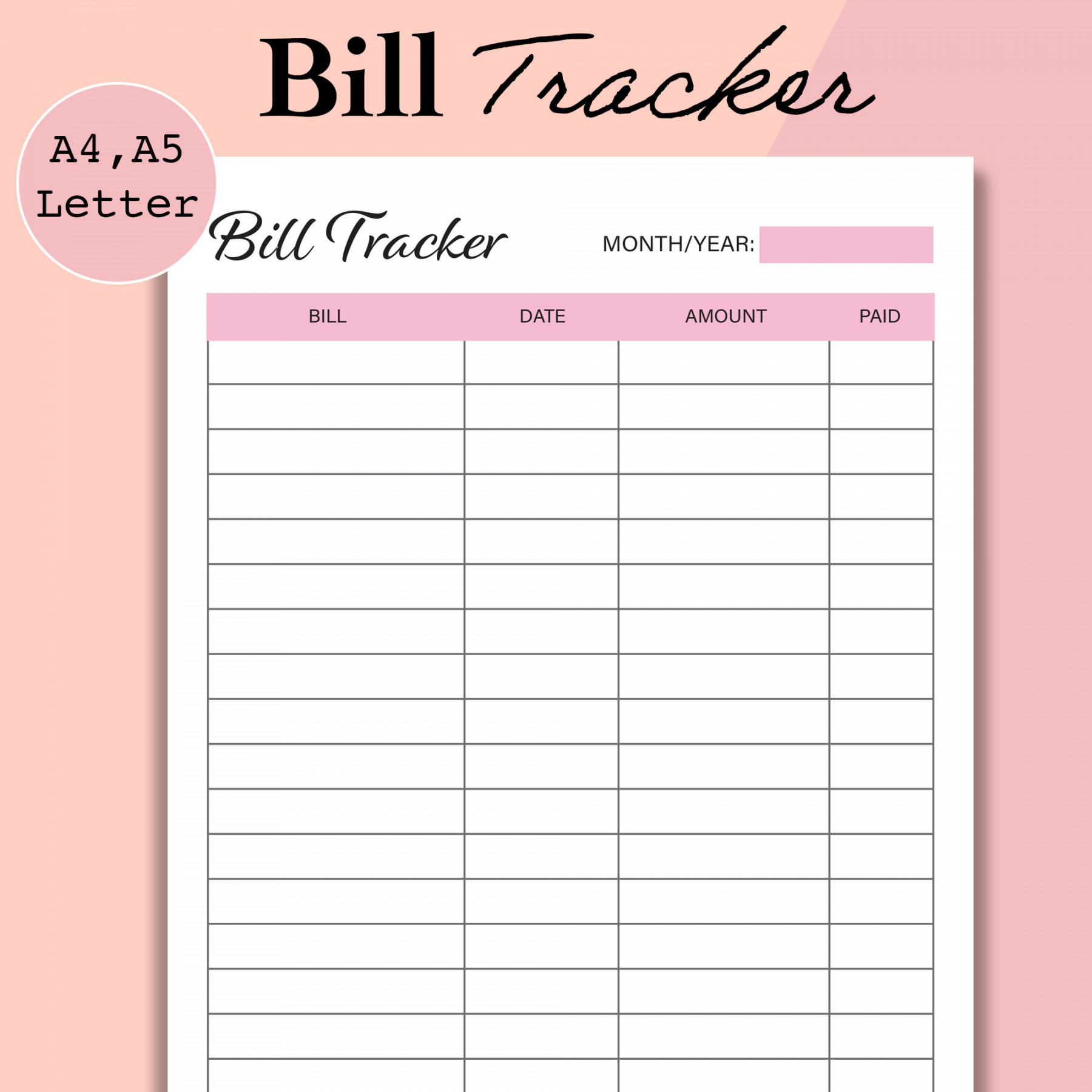 Bill Tracker Printable Monthly Bill Organizer A A - Etsy
