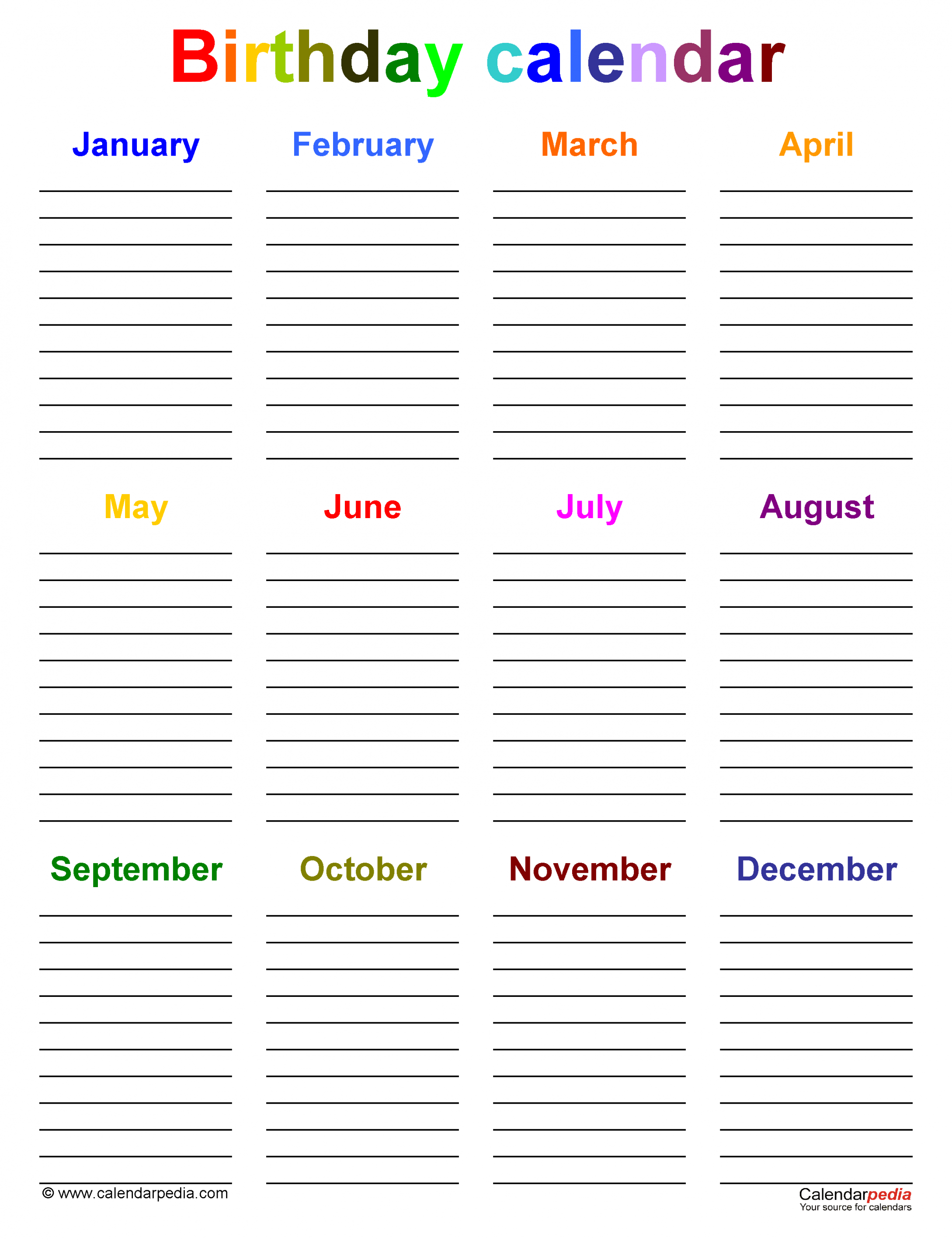 Birthday calendars - Free Printable PDF templates