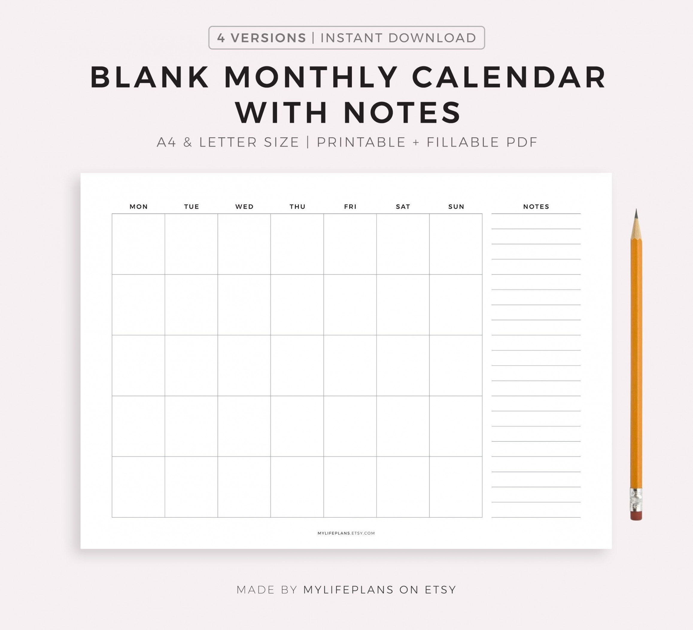 Blank Monthly Calendar With Notes Landscape, Printable Calendar