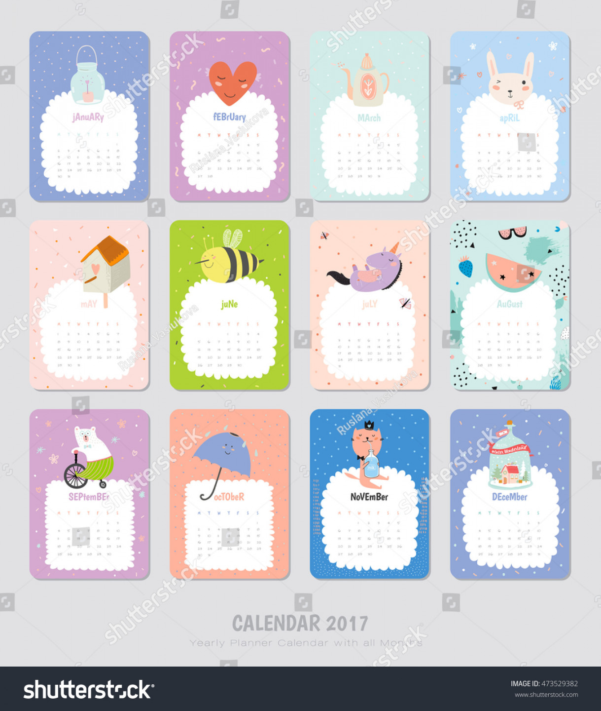 Cute Calendar Template  Yearly Planner Stock Vector (Royalty