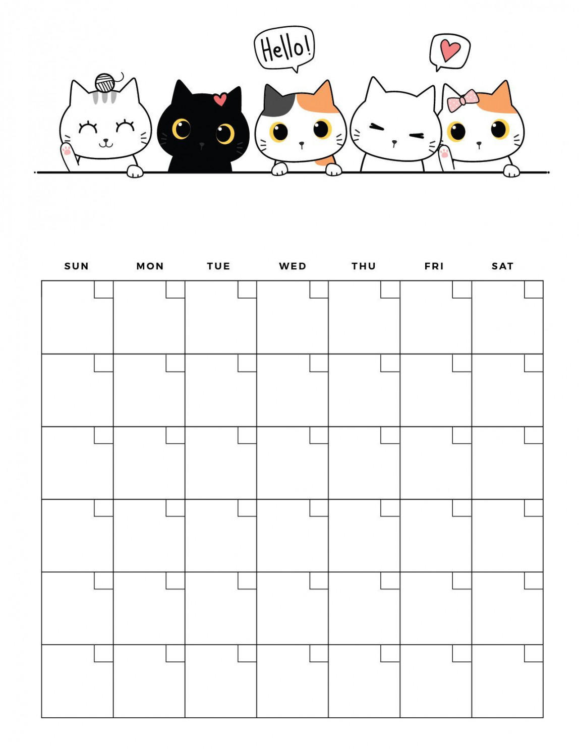 Cute Cat Free Printable Blank Calendar   Calender template