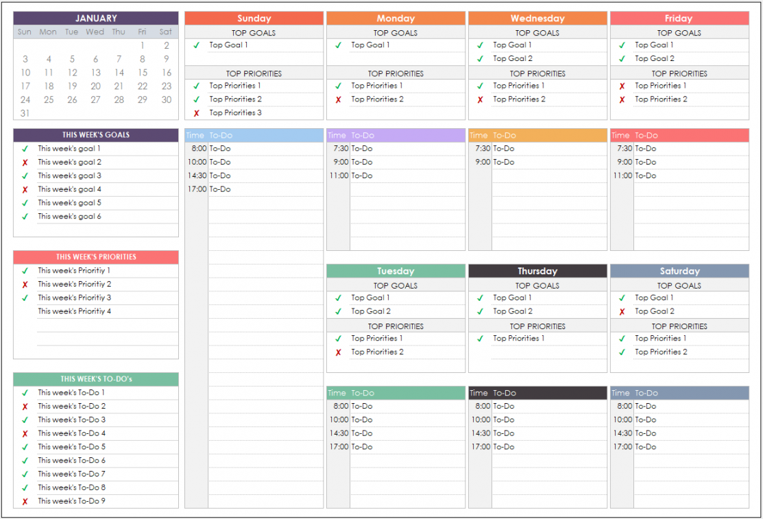 Dated Weekly Planner Excel Template  Editable Planner
