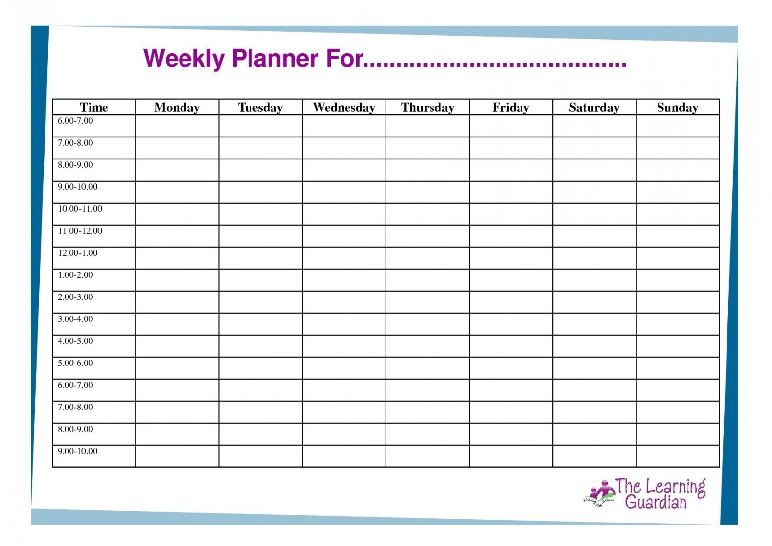 Day Weekly Planner Template Printable  Daily calendar template