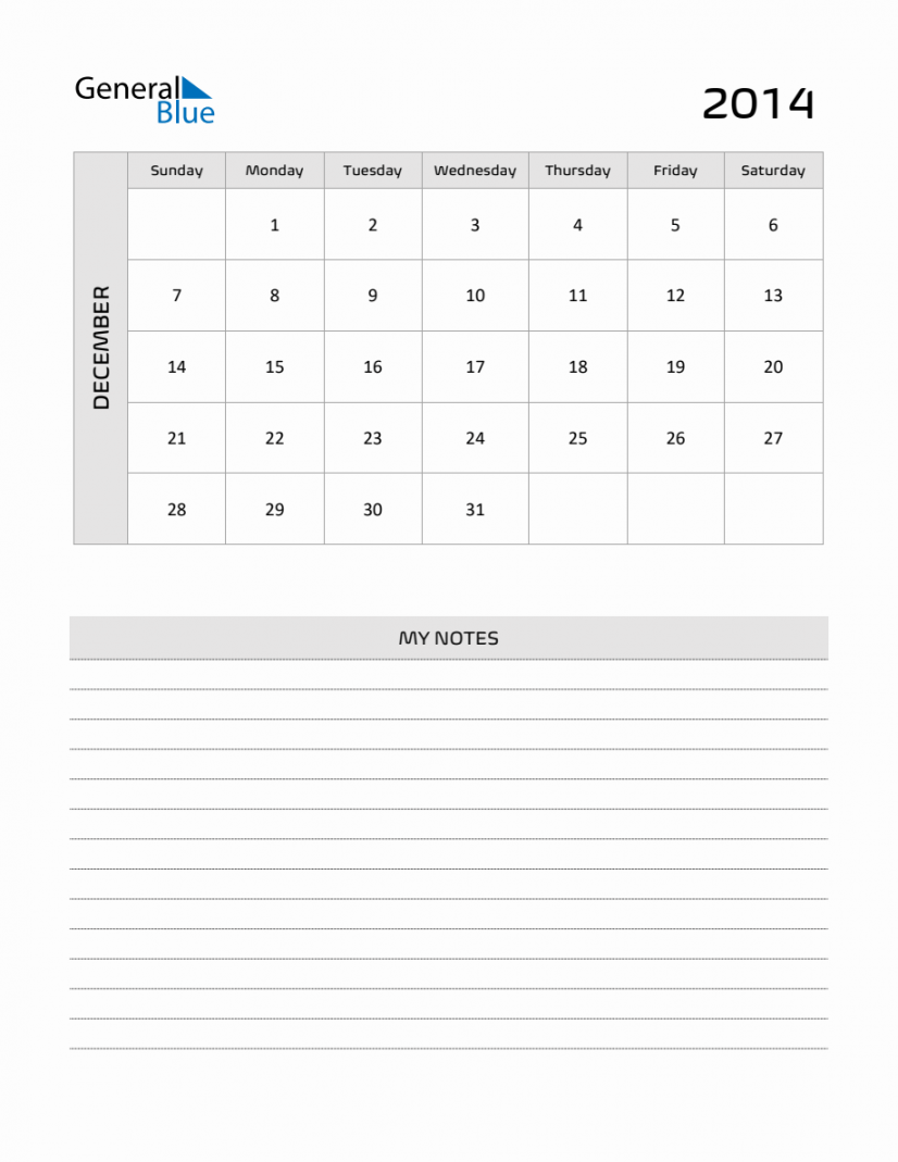 December  Printable Monthly Calendar with Notes