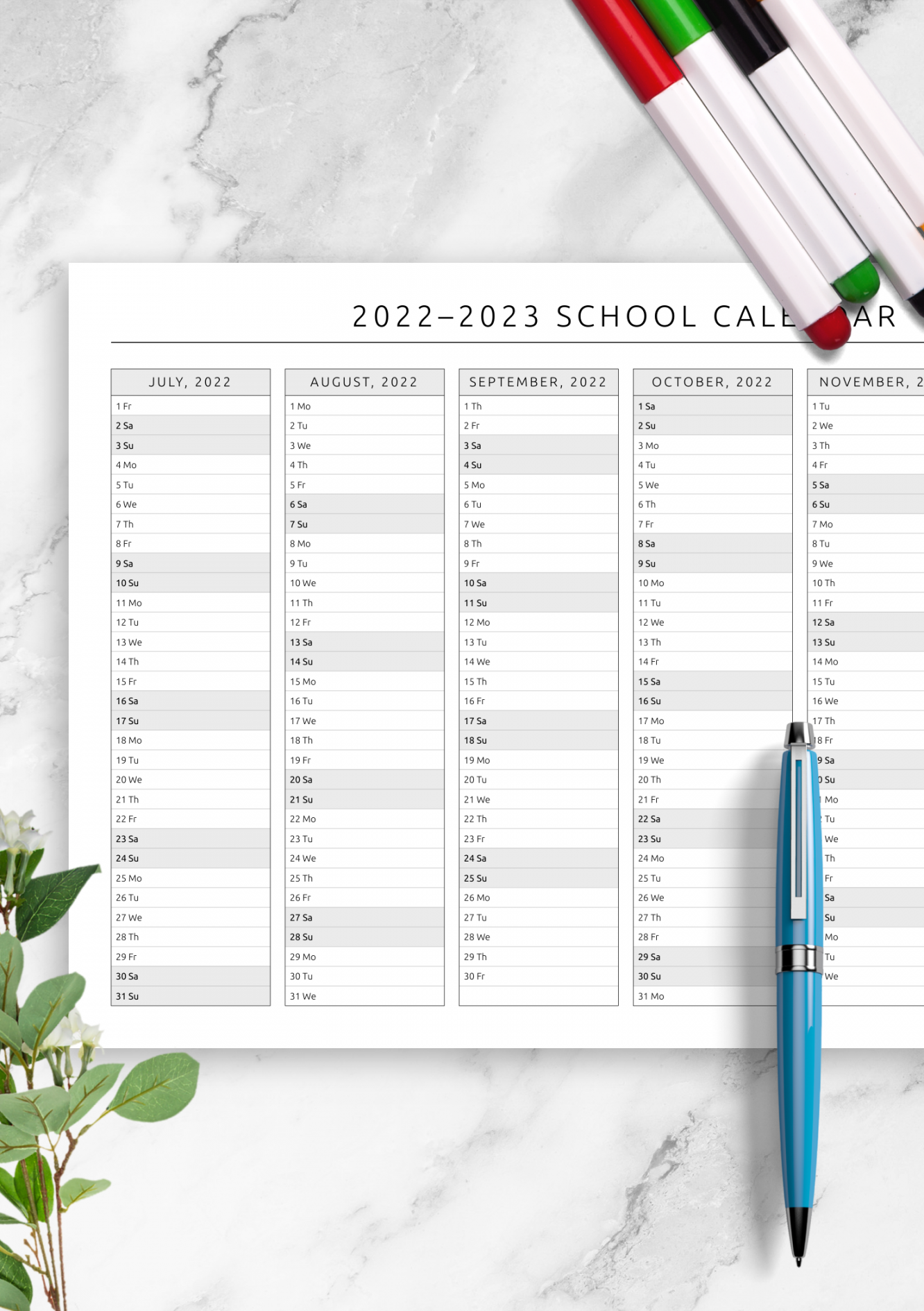 Download Printable School Calendar Template PDF
