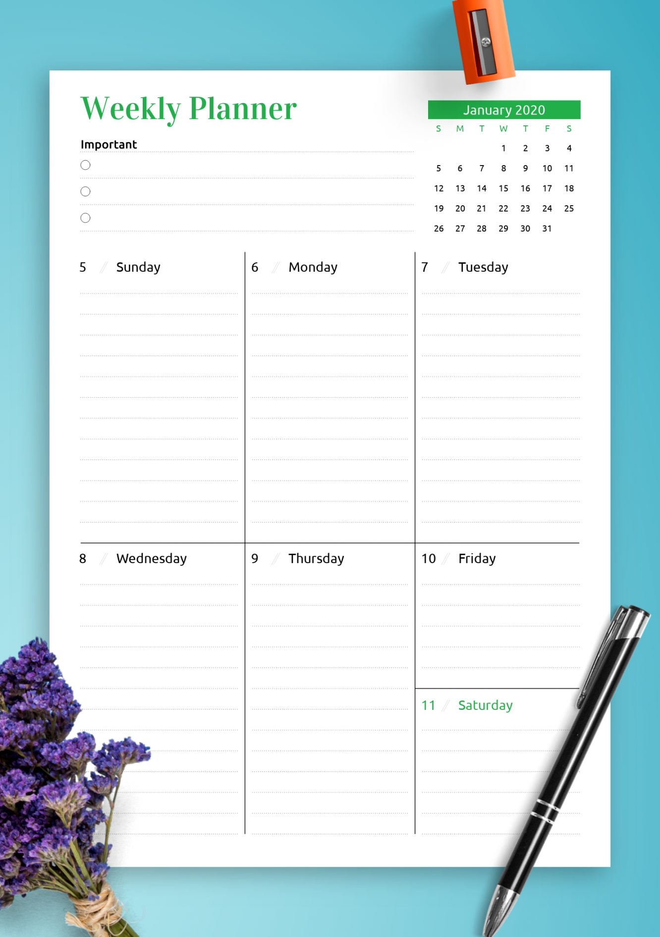 Download Printable Week at a Glance planner with calendar PDF