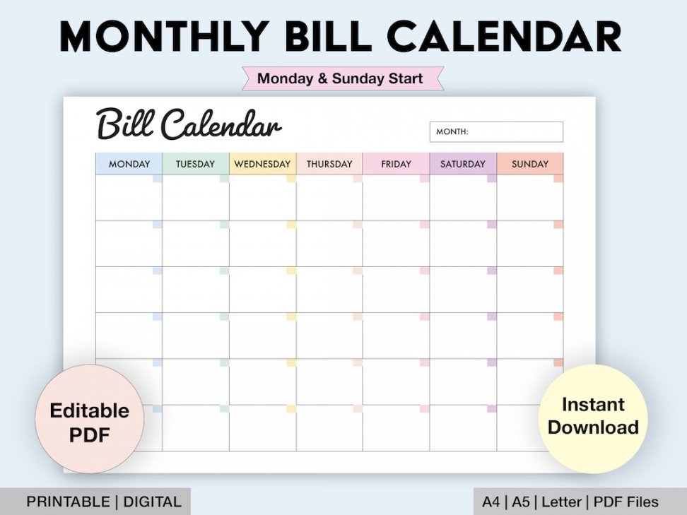 Editable Bill Calendar Printable Monthly Bill Planner - Etsy