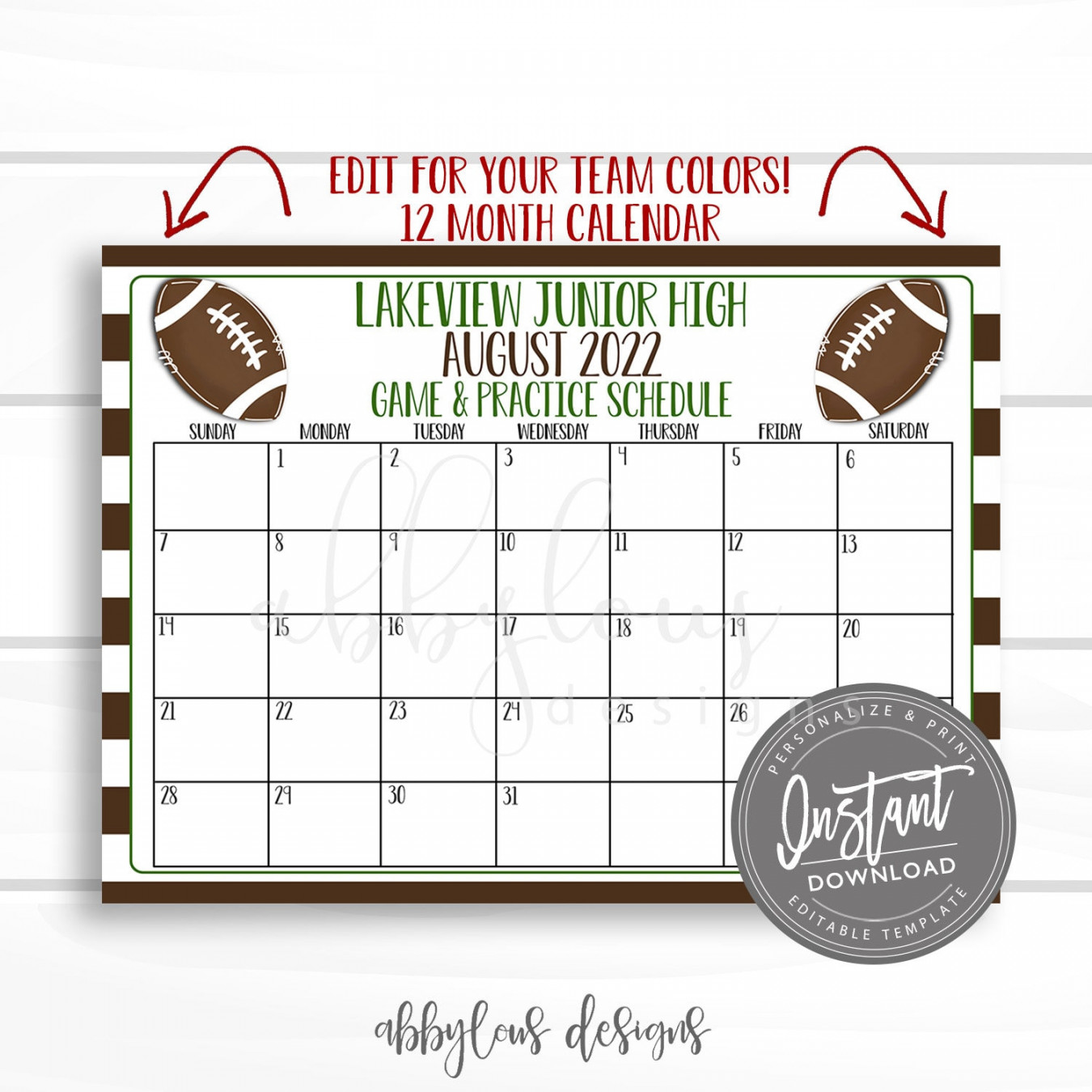EDITABLE Football Practice & Game Schedule Football Calendar - Etsy