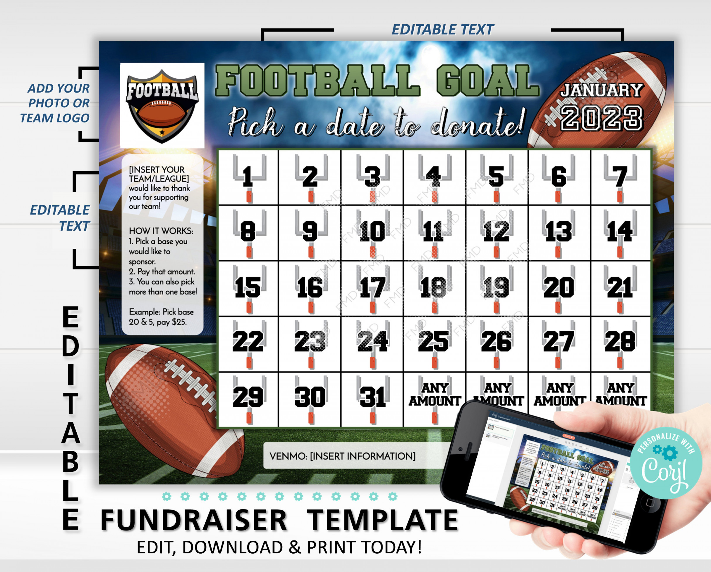 Editable Football Team Calendar Fundraiser Template Clear - Etsy