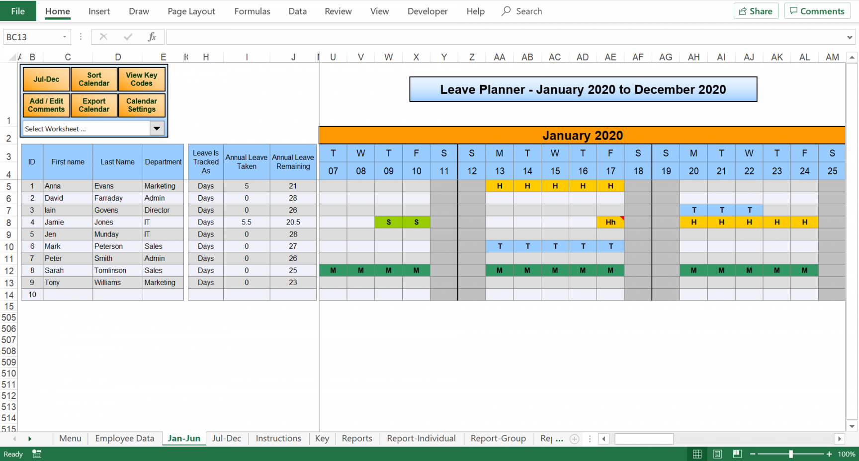 Excel Holiday Planner - staff holiday management