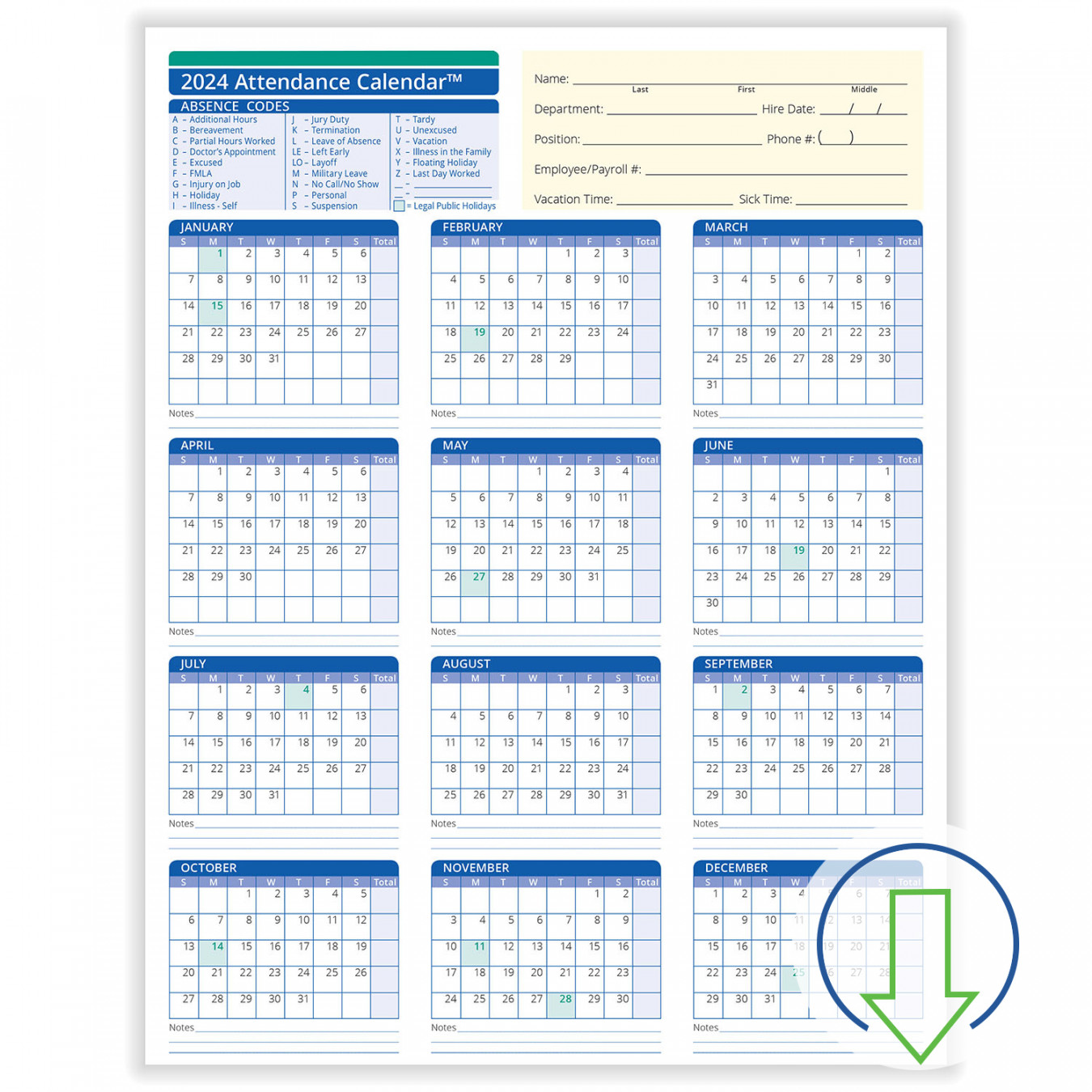 Fill-and-Save™ Attendance Calendar