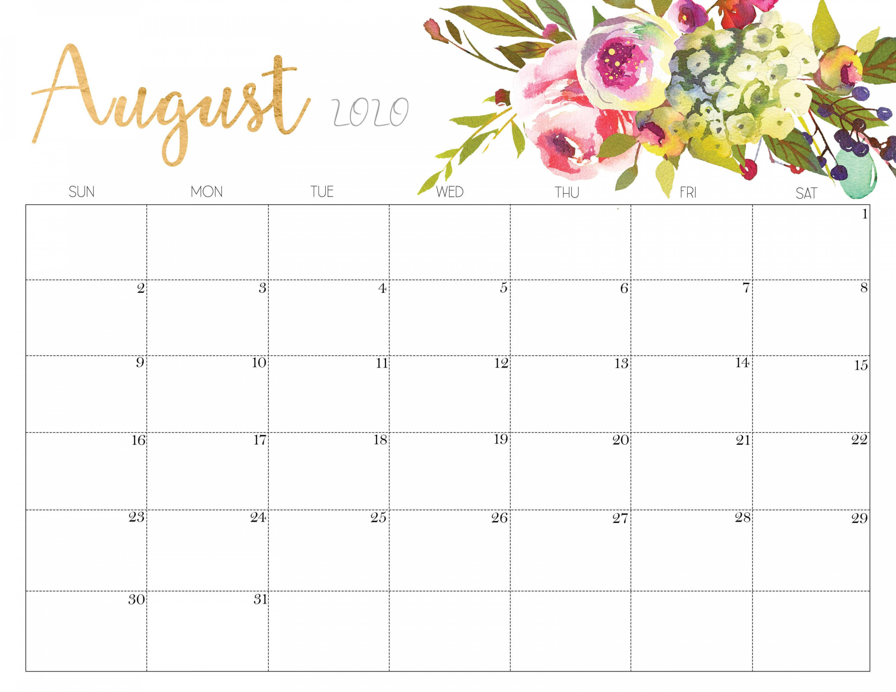 Floral August  Calendar Printable  April calendar printable
