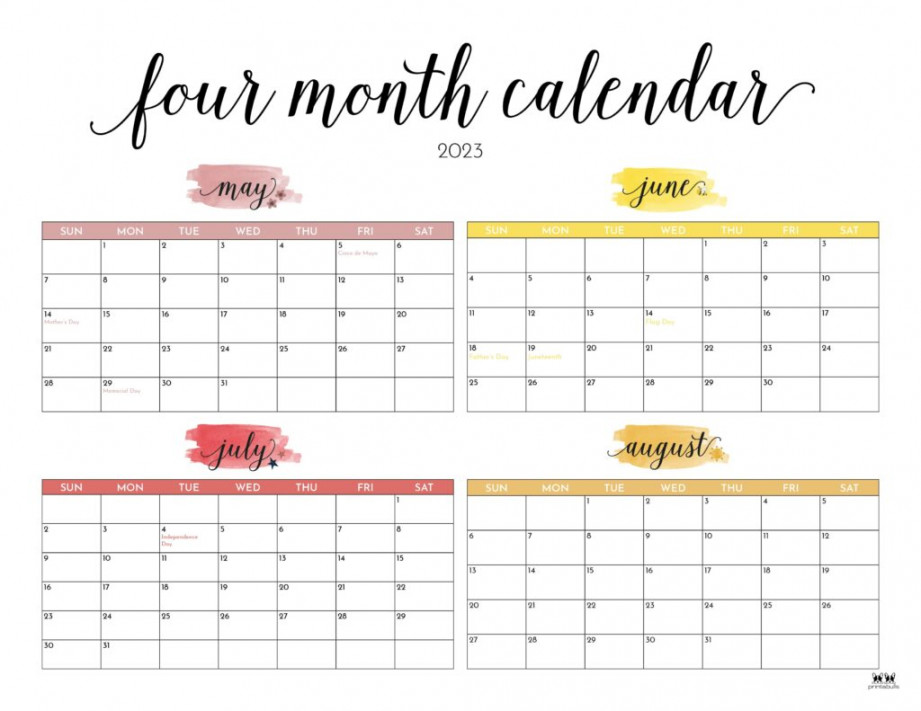 Four Month Calendars -  FREE Printables  Printabulls