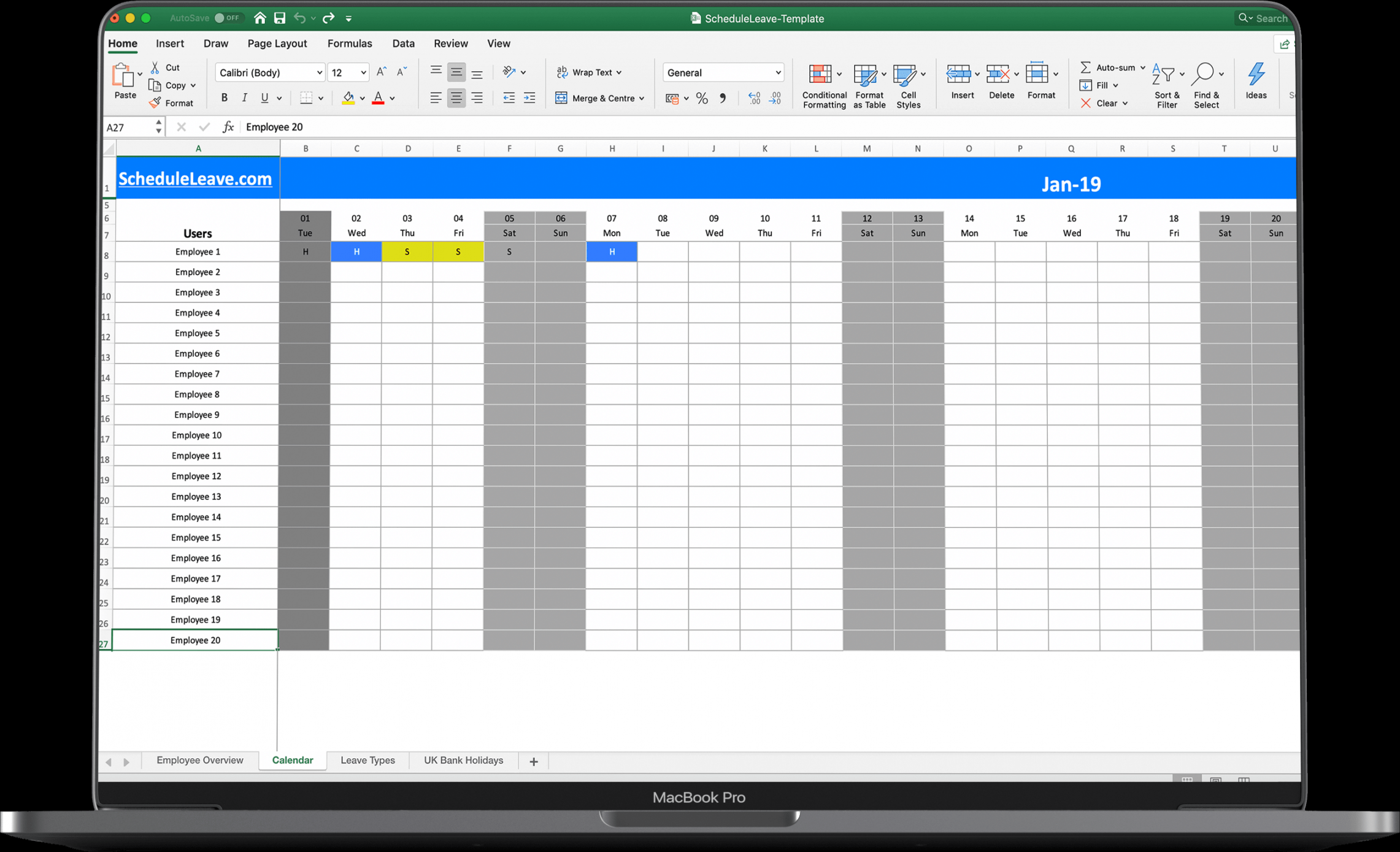 Free Excel Leave Calendar  Spreadsheet Template