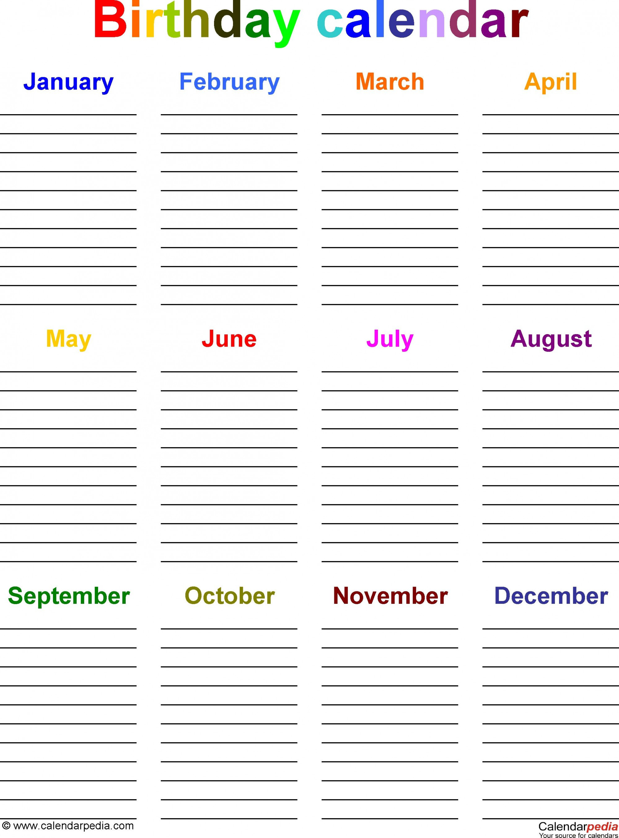 Free  Month Birthday Calendar Template  Geburtstagskalender