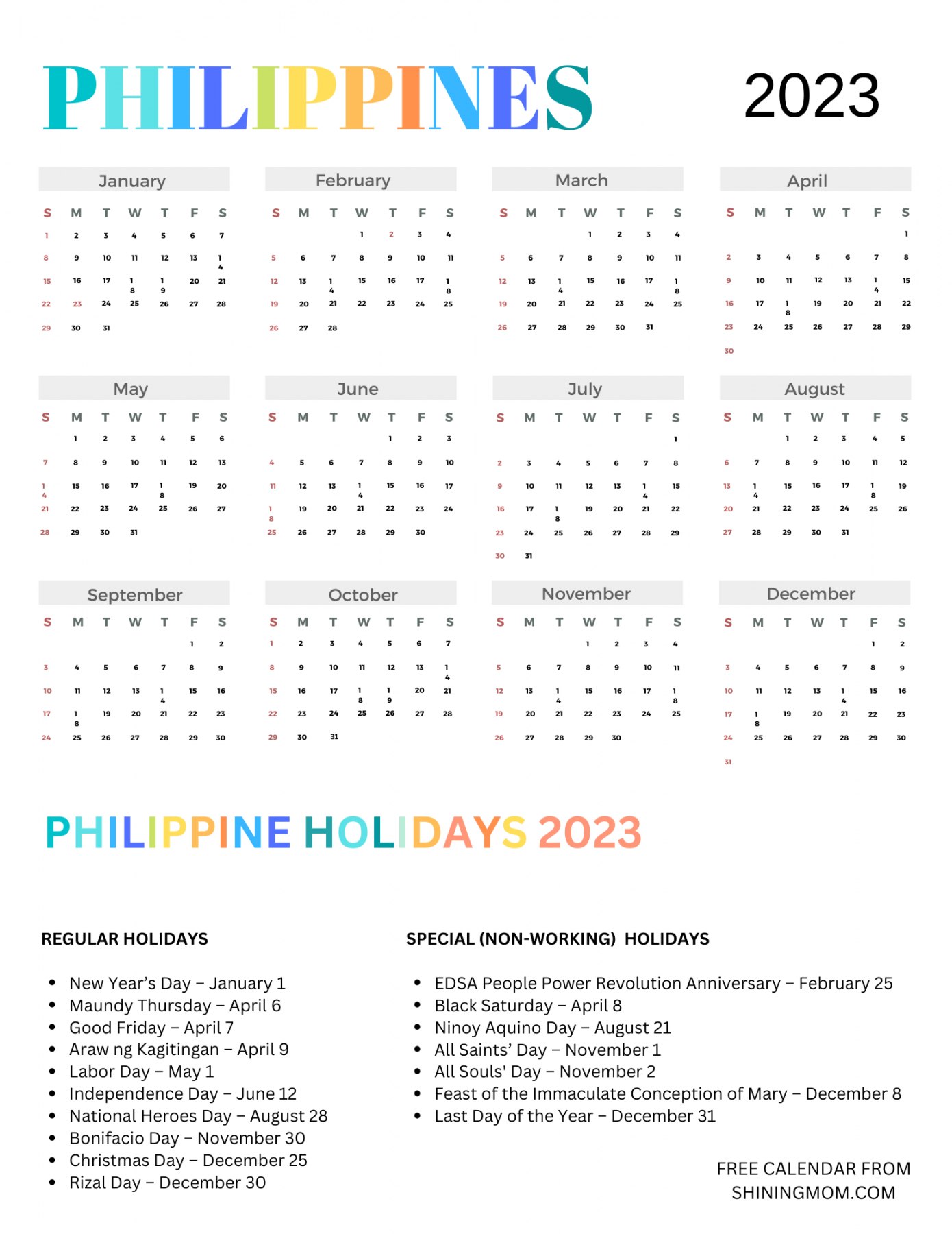 Free  Philippines Calendars with Holidays