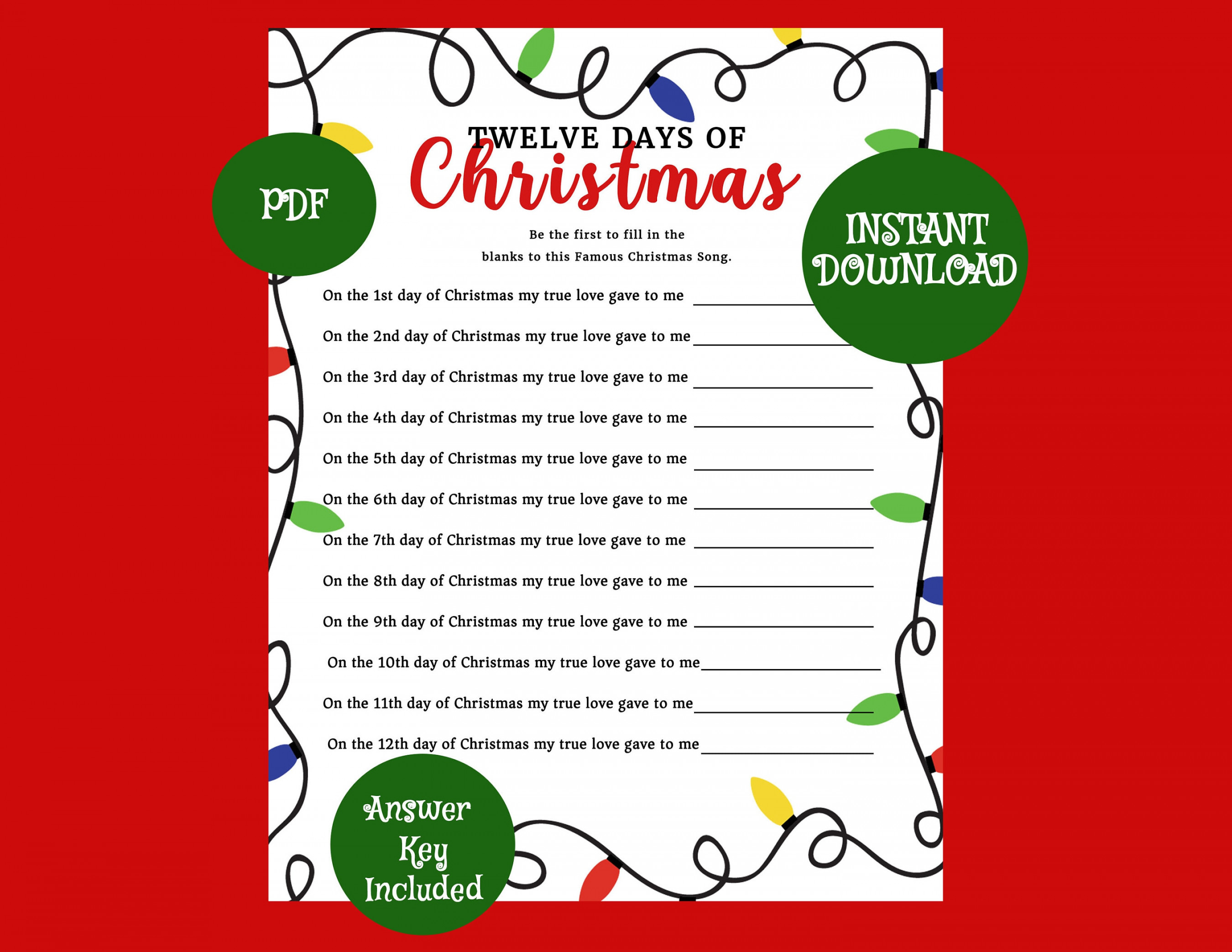 INSTANT DOWNLOAD  Days of Christmas Game / Party Games / - Etsy