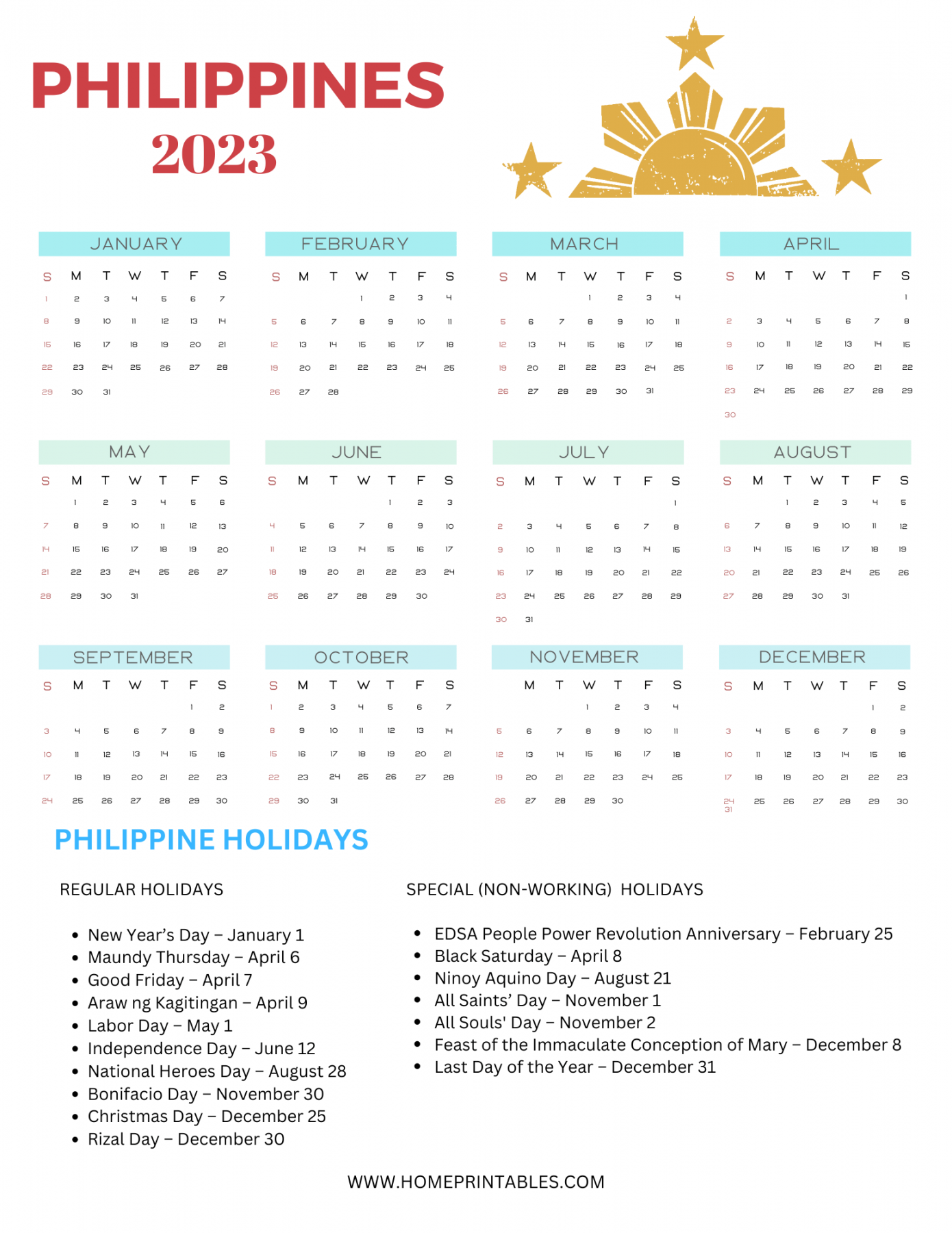 List of  Philippines Calendars with Holidays - Free Download!