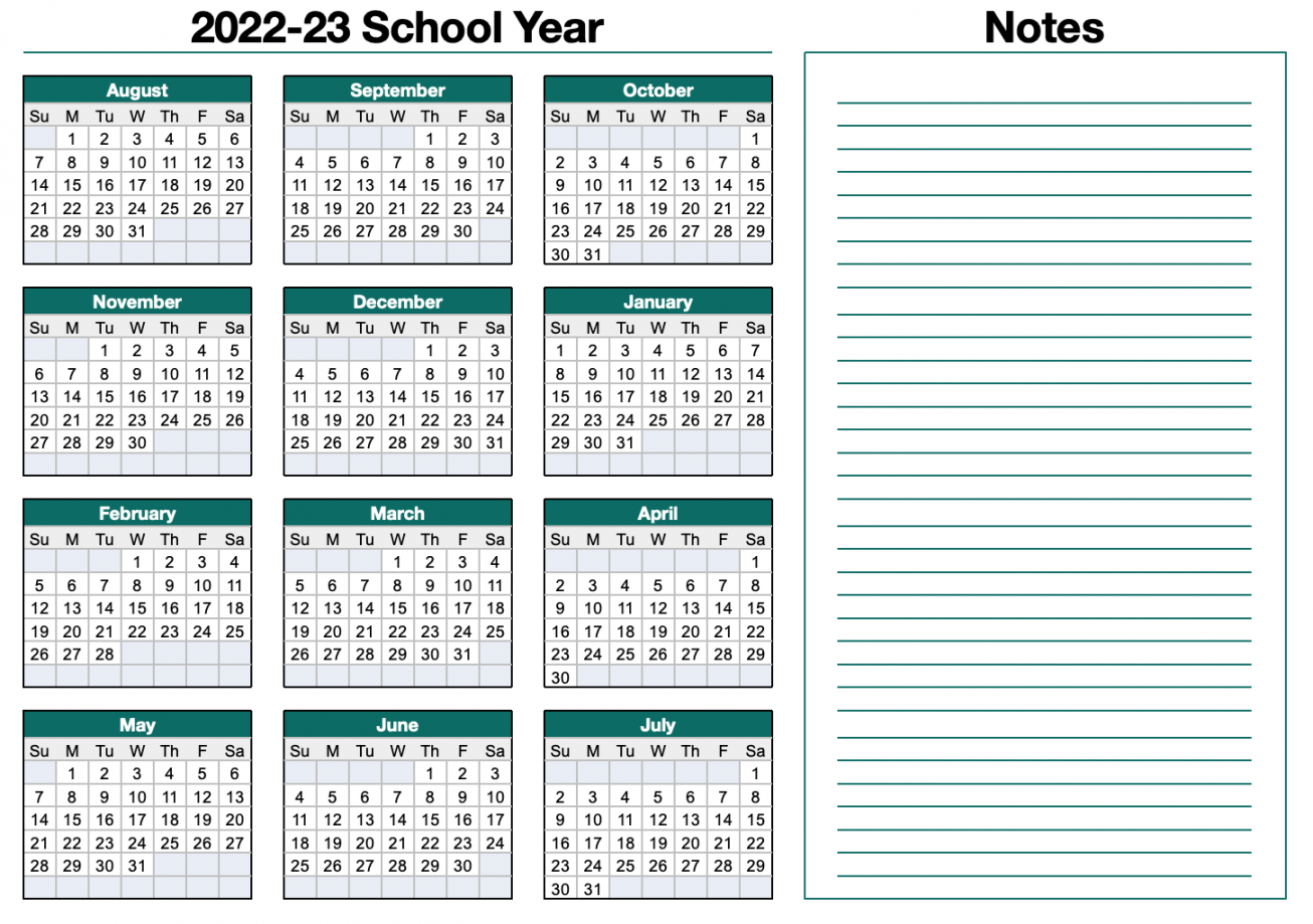 Modern Teal - Horizontal School Yearly Calendar Template