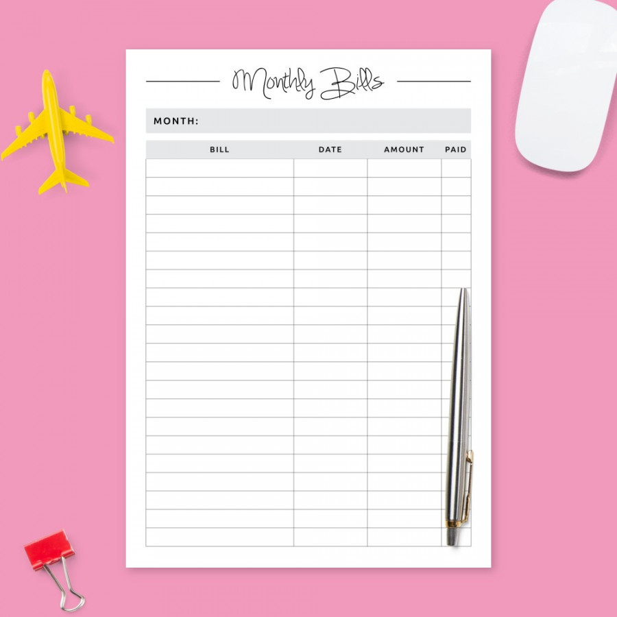 Monthly Bill Payments Template - Printable PDF