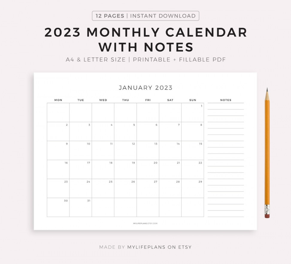 Monthly Calendar With Notes, Landscape, Printable Calendar Template,  Minimalist Calendar, Year Calendar, Monday/sunday Start, A/letter - Etsy