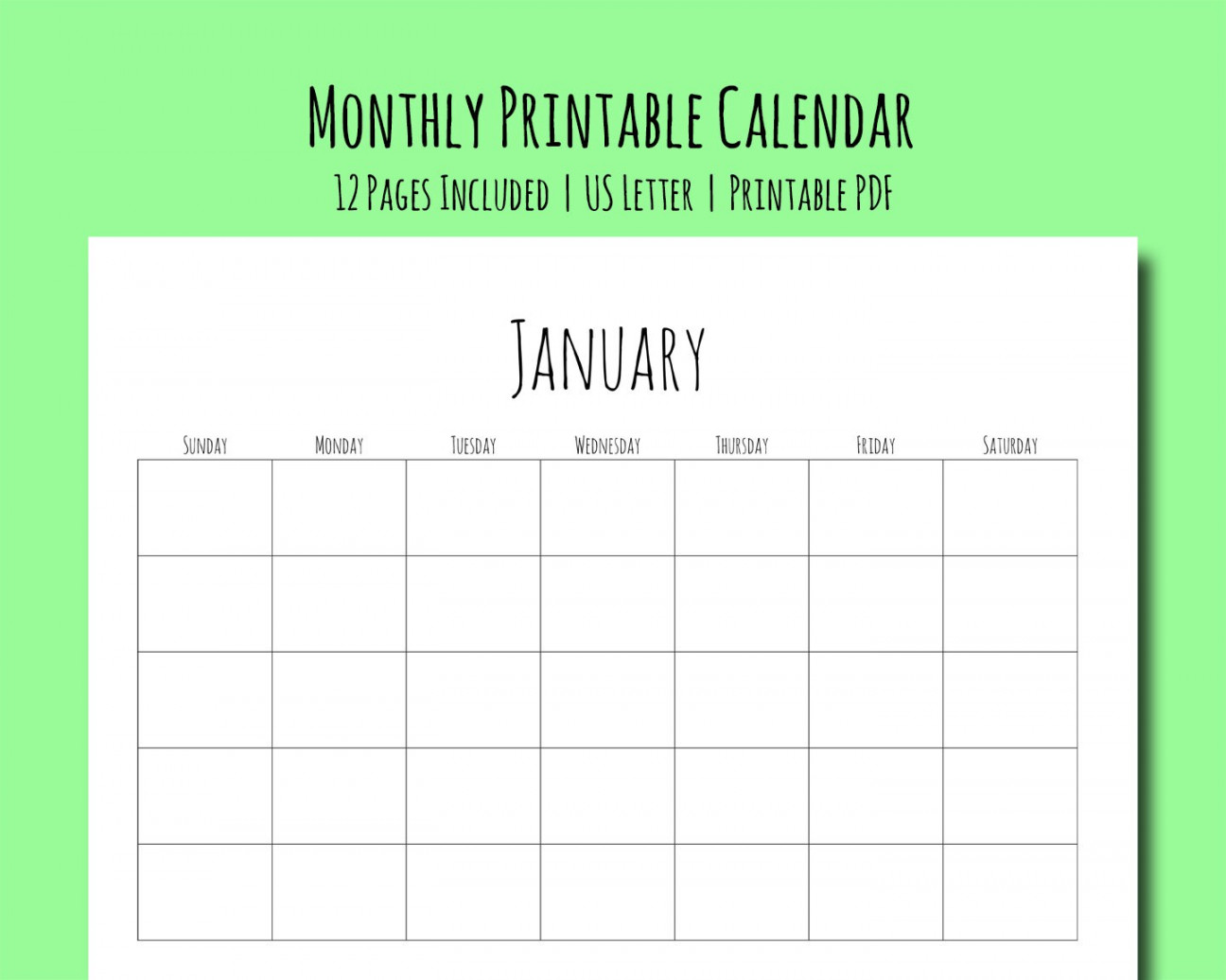 Monthly Printable Calendar, Blank Calendar,  Month Calendar, US Letter,