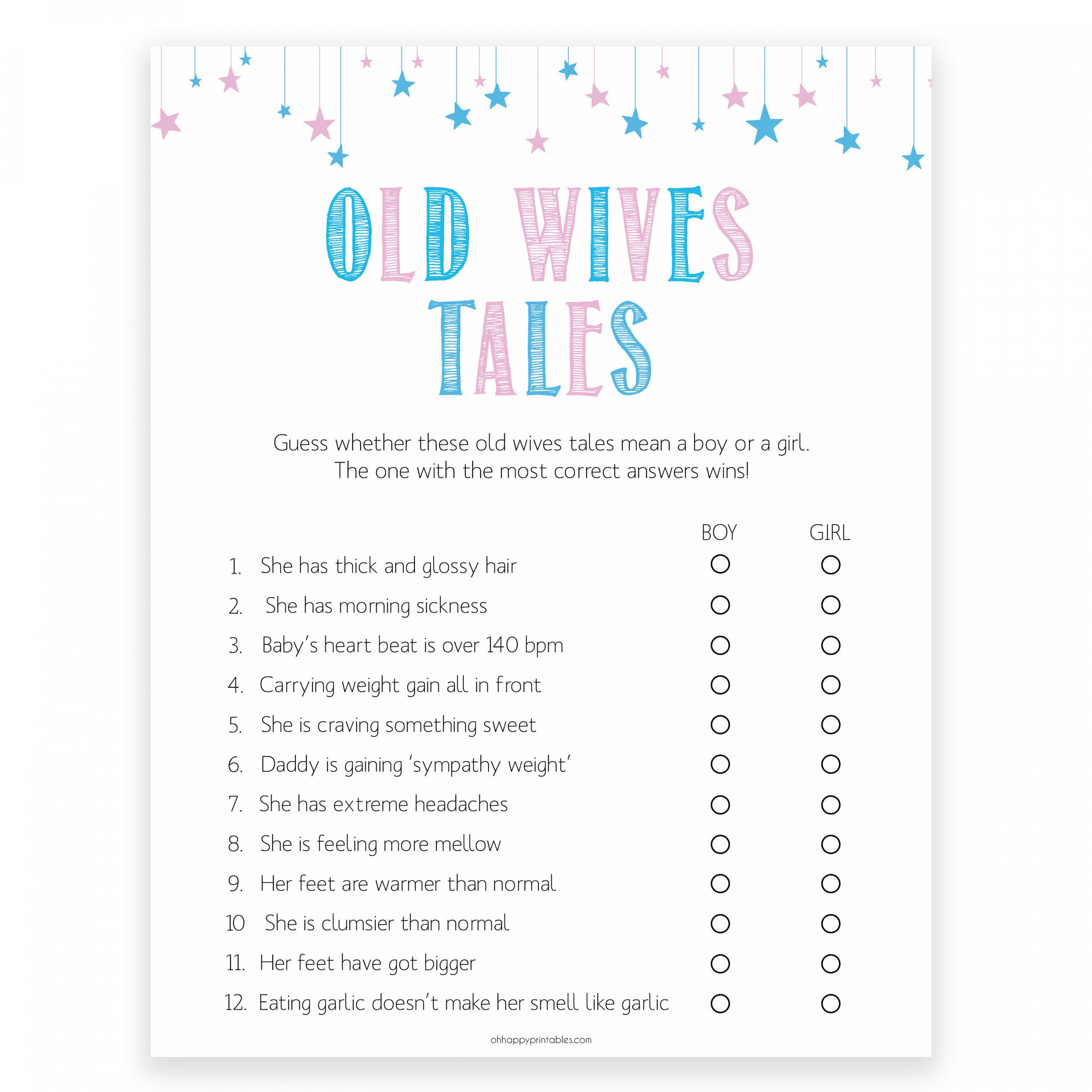 Old Wives Tales Game - Gender Reveal Printable Baby Games