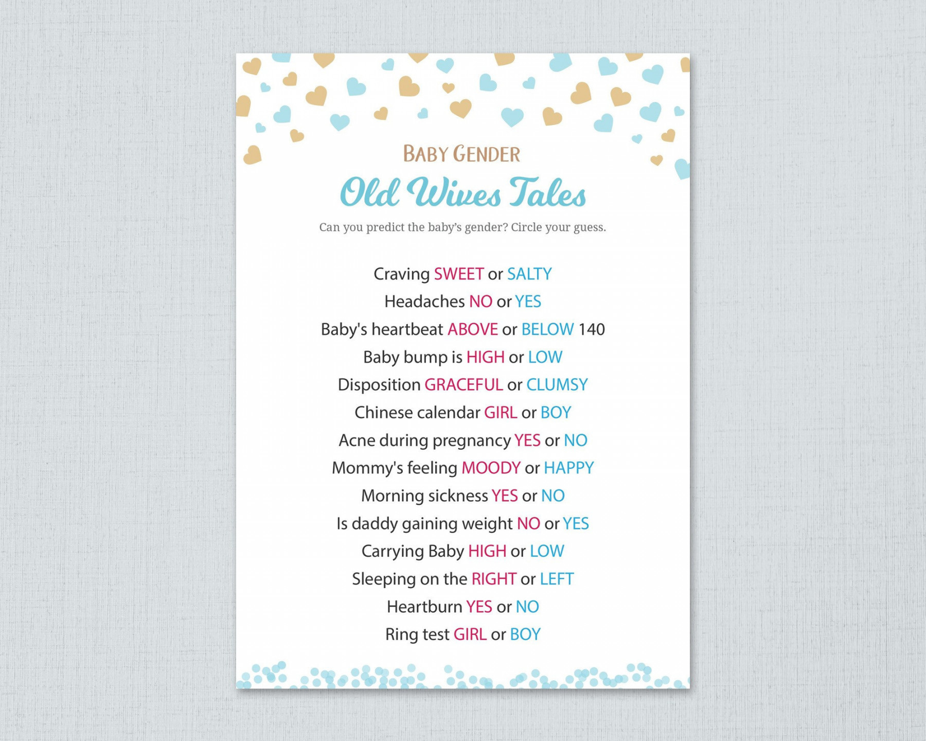 Old Wives Tales, Gender Reveal Baby Shower Game Printable, Hearts Confetti,  Gender Prediction, He or She, Boy or Girl, Blue or Pink, B