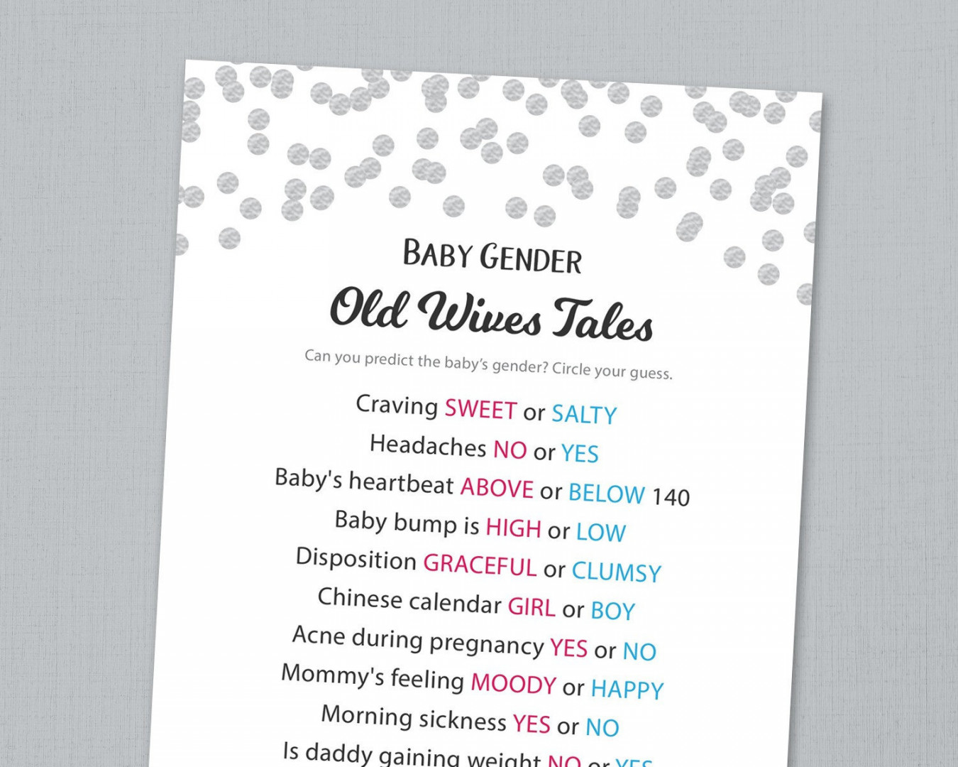 Old Wives Tales, Gender Reveal Baby Shower Game Printable, Silver Confetti,  Gender Prediction, He or She, Boy or Girl, Blue or Pink, B