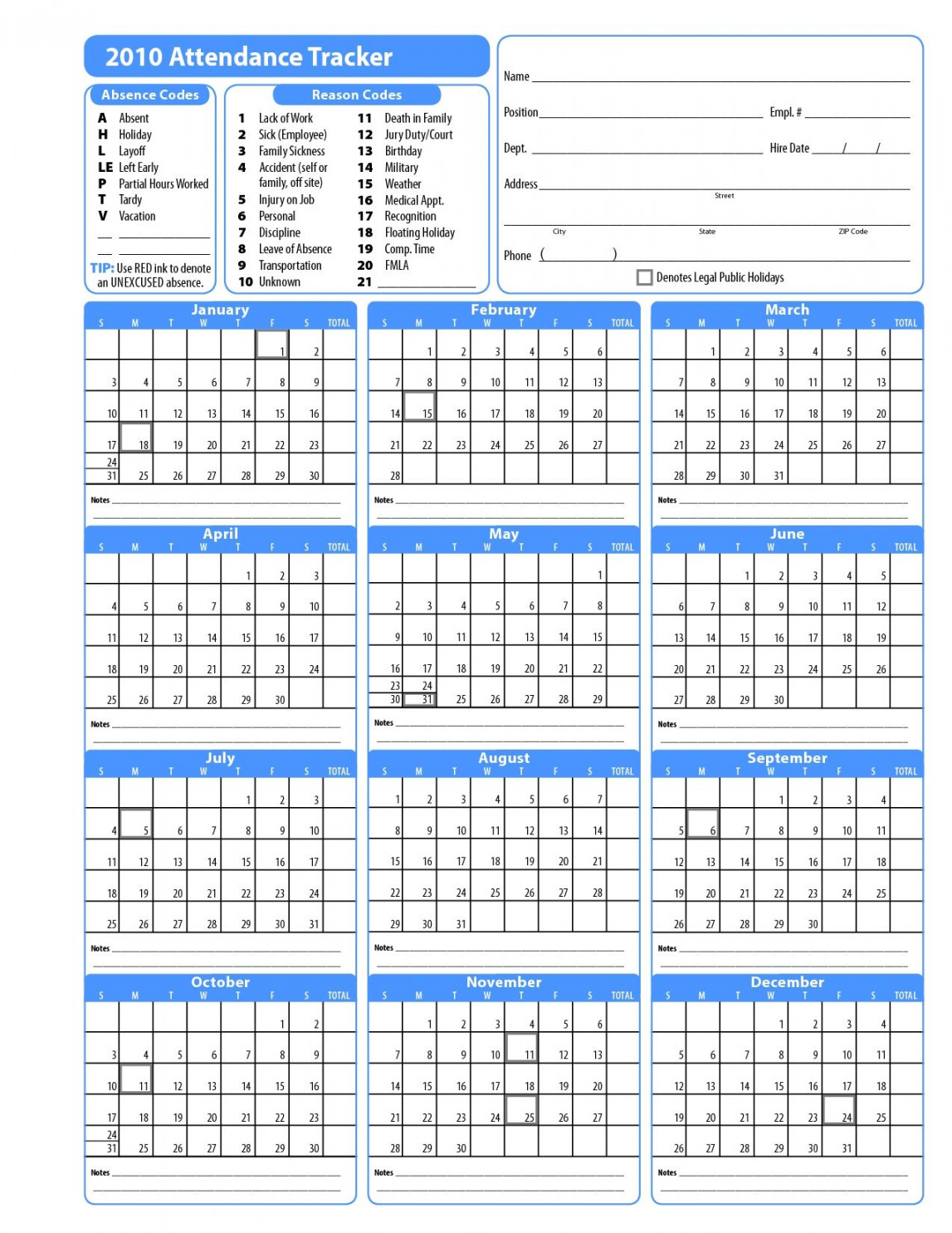 Printable Employee Attendance Calendar Template  Vacation