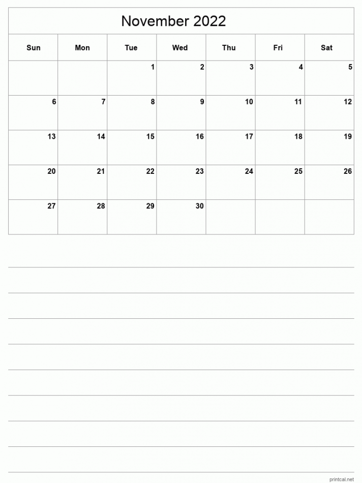 Printable November  Calendar - Half-Page With Notesheet