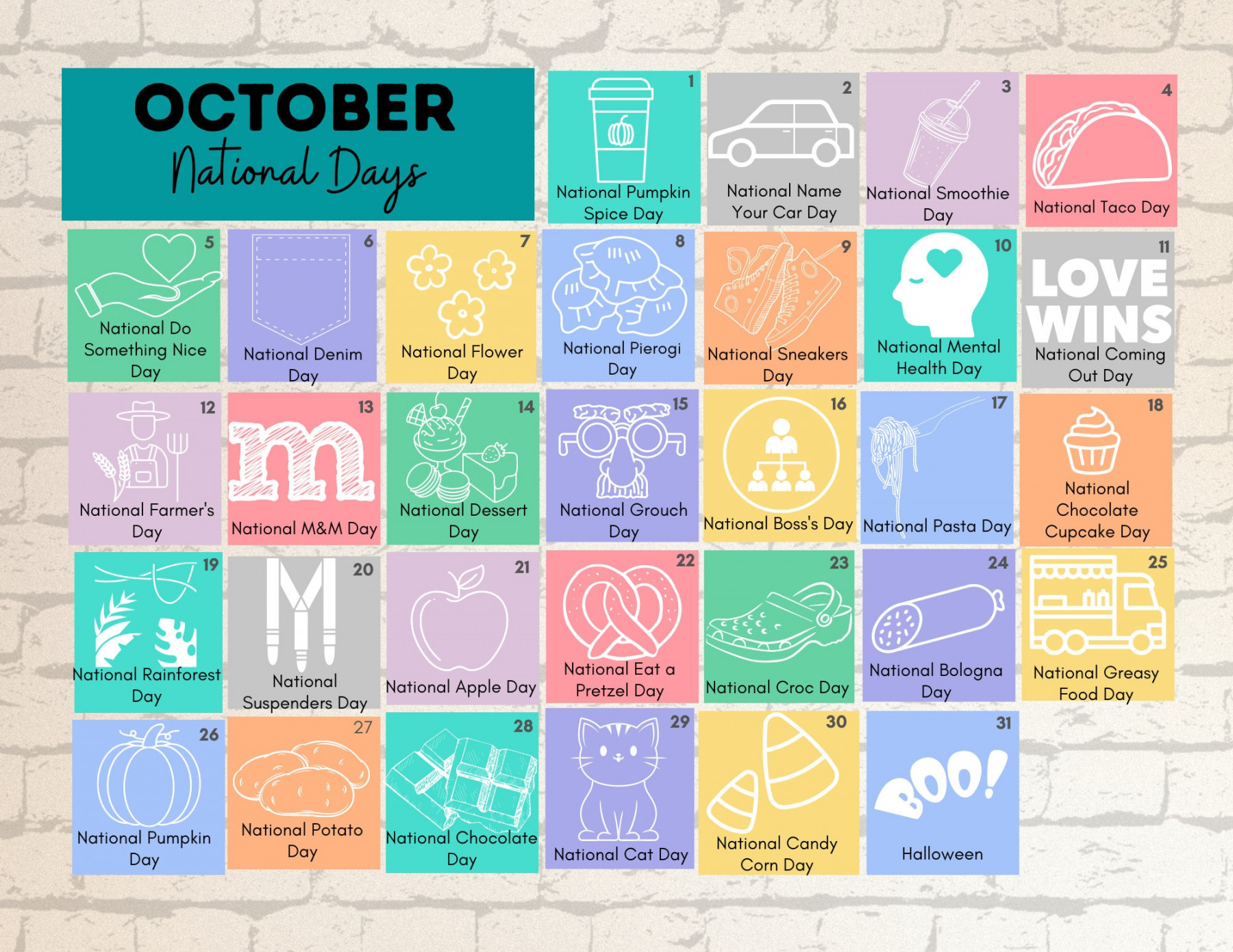 PRINTABLE OCTOBER  National Days Calendar Fun Family