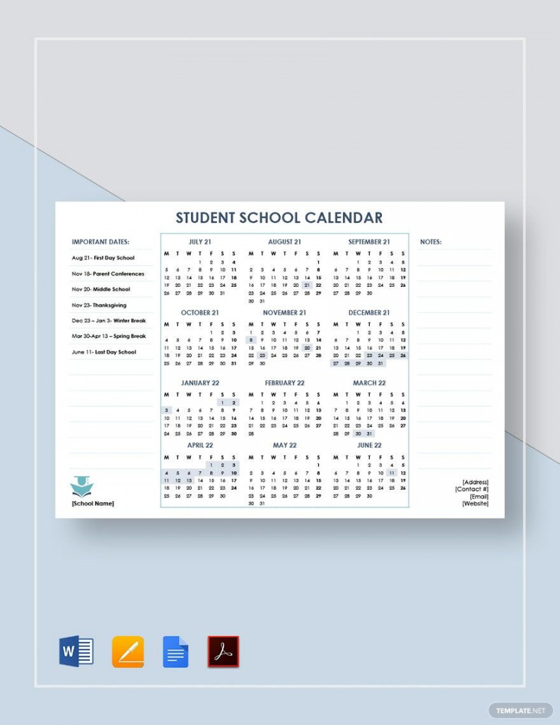 Student School Calendar Template - Download in Word, Google Docs