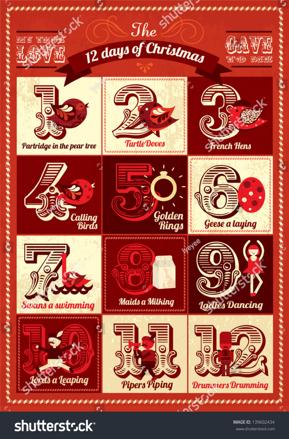 Vintage Twelve Days Christmas Calendar Template Stock Vector