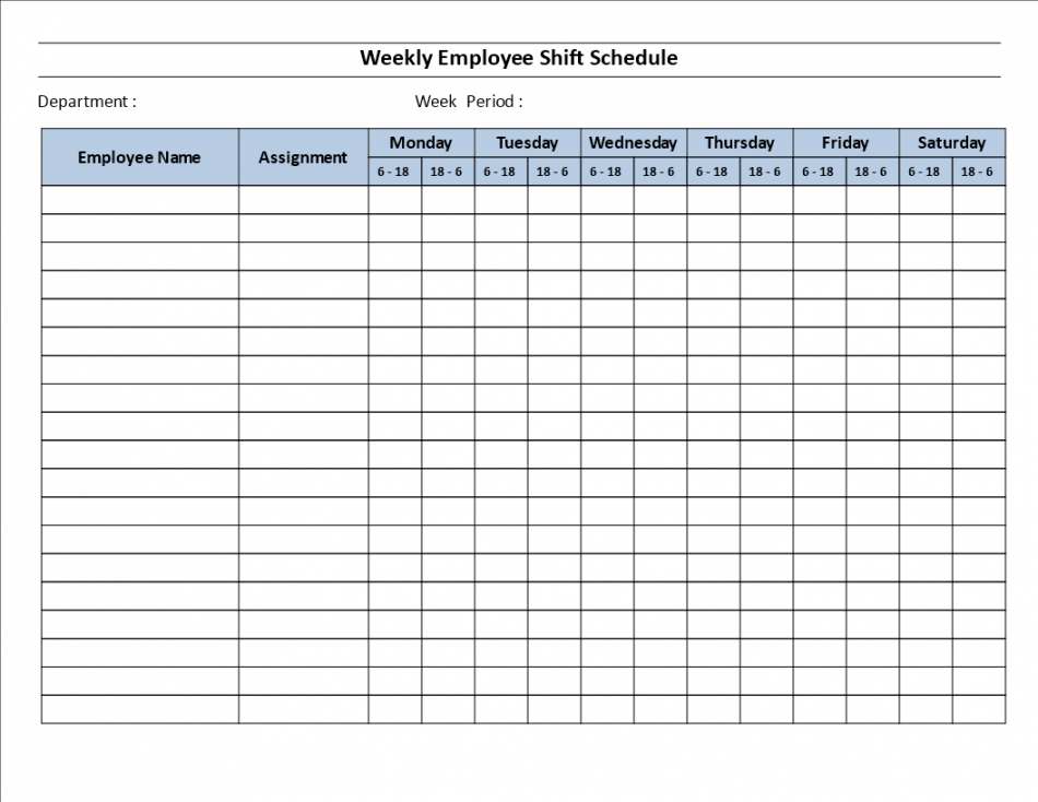 Weekly employee  hour shift schedule Mon to Sat - Download this